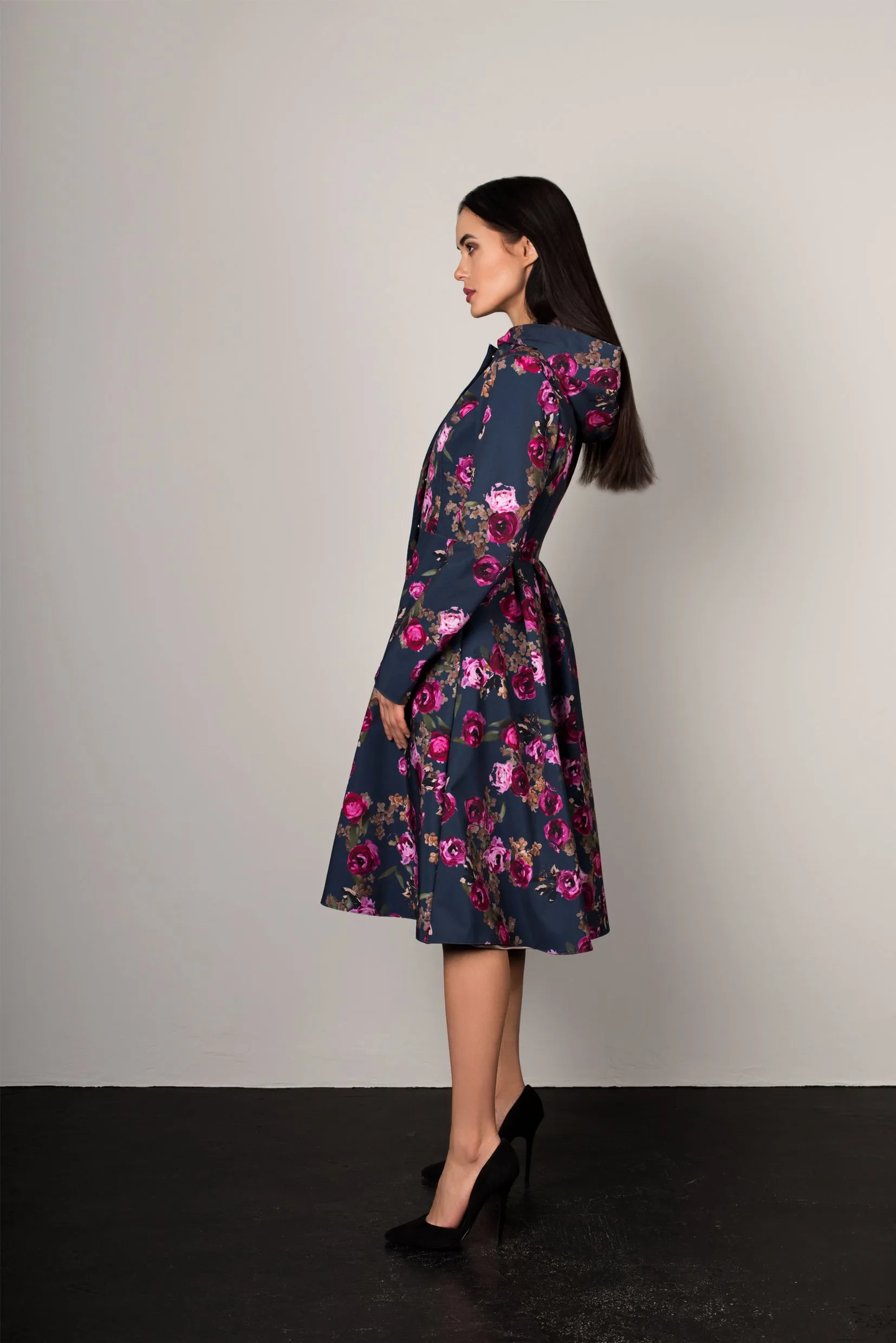 Fit and Flare Coat with Pleated Back in Blue and Pink | 'Misty Rose'