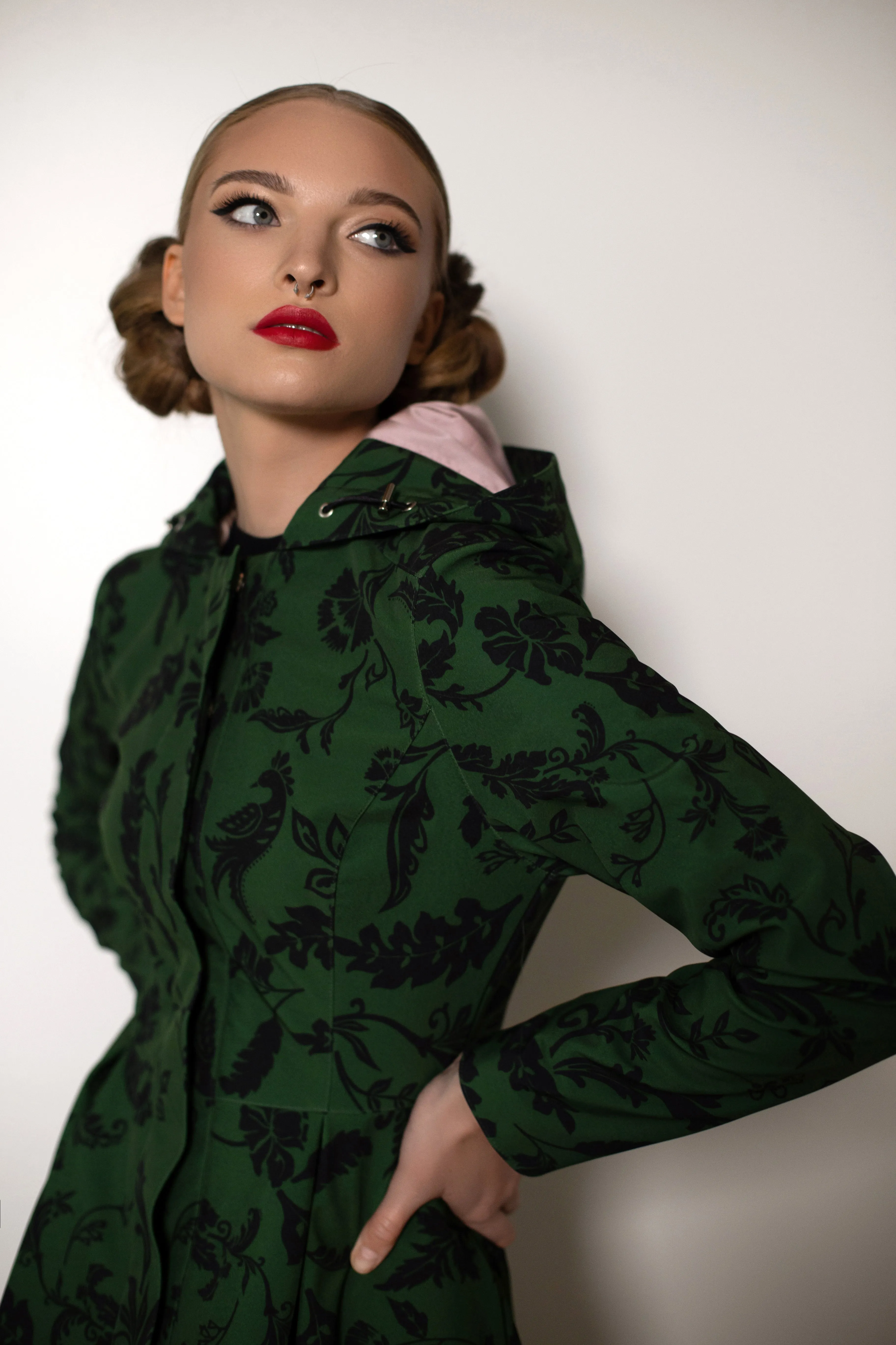 Fit and Flare Coat with Pleated Skirt in Green and Black | 'Forest Flower'