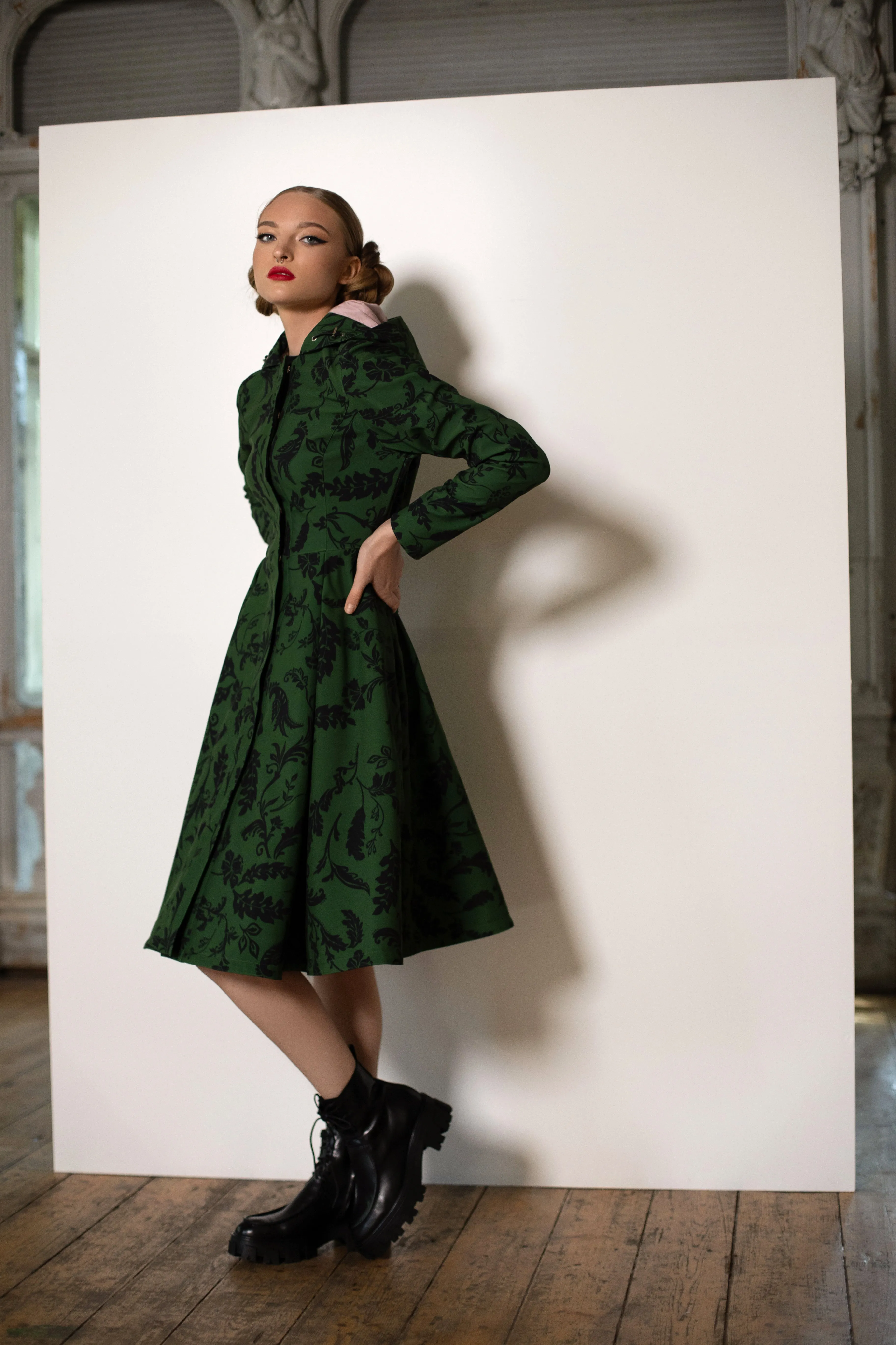 Fit and Flare Coat with Pleated Skirt in Green and Black | 'Forest Flower'