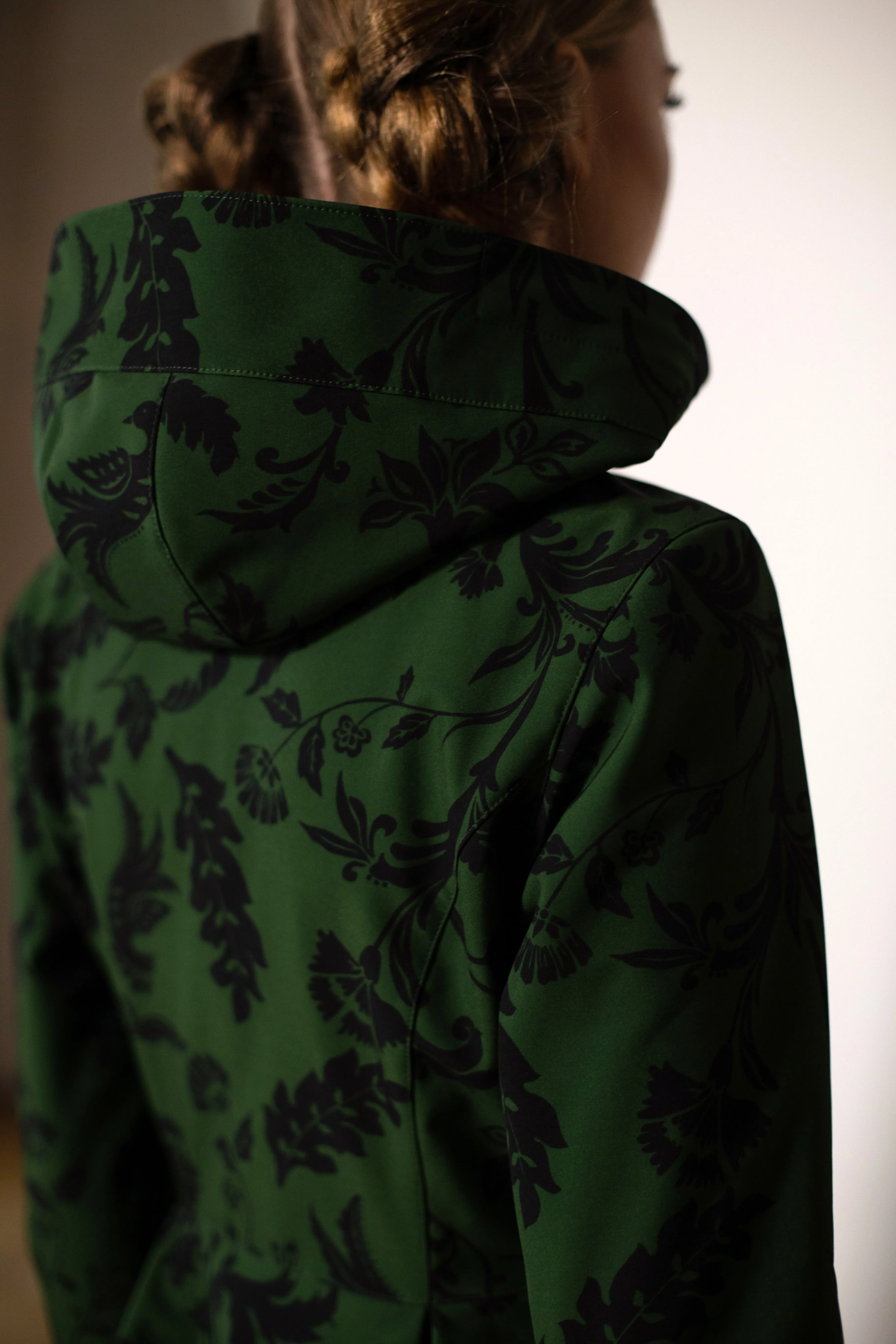 Fit and Flare Coat with Pleated Skirt in Green and Black | 'Forest Flower'