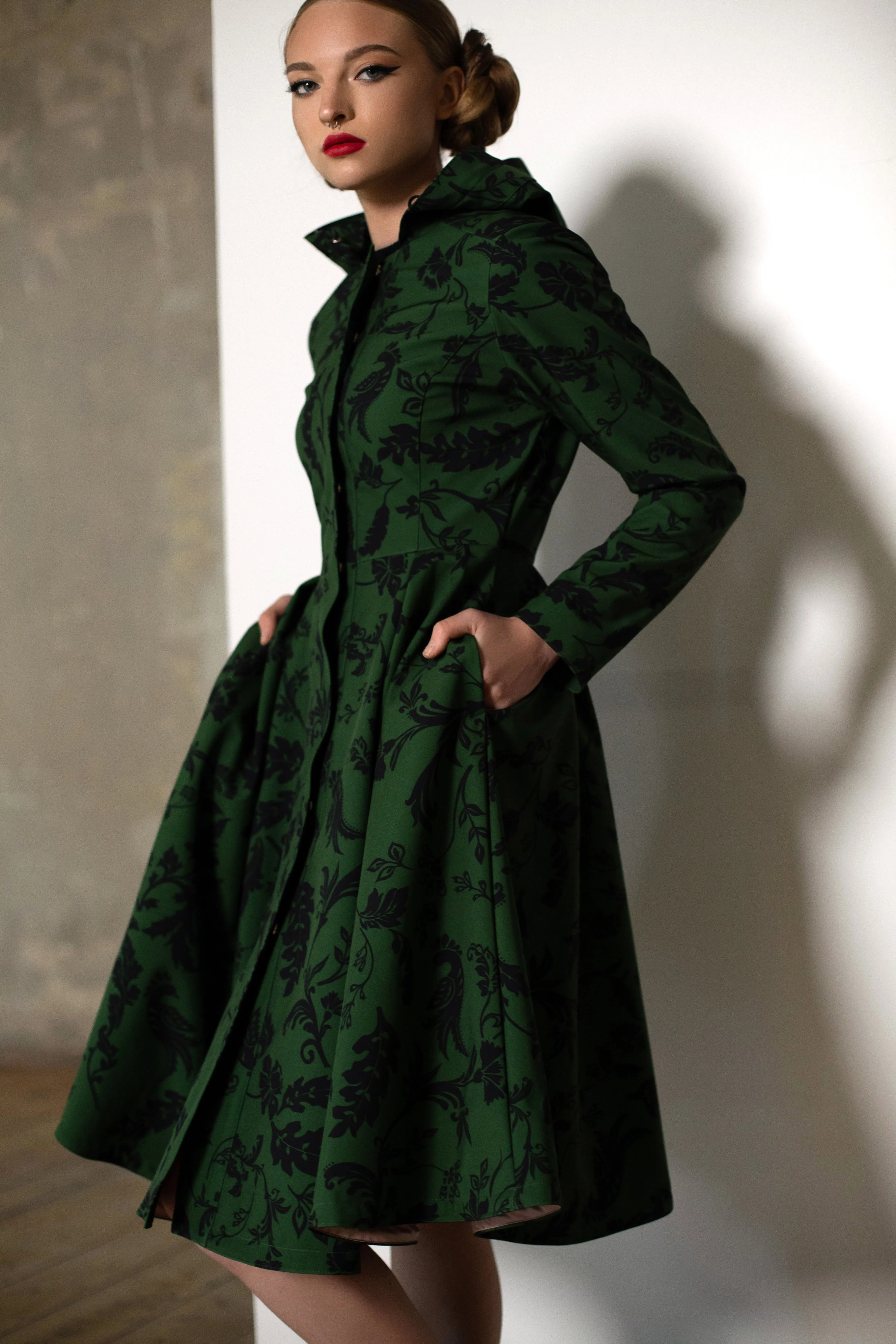 Fit and Flare Coat with Pleated Skirt in Green and Black | 'Forest Flower'