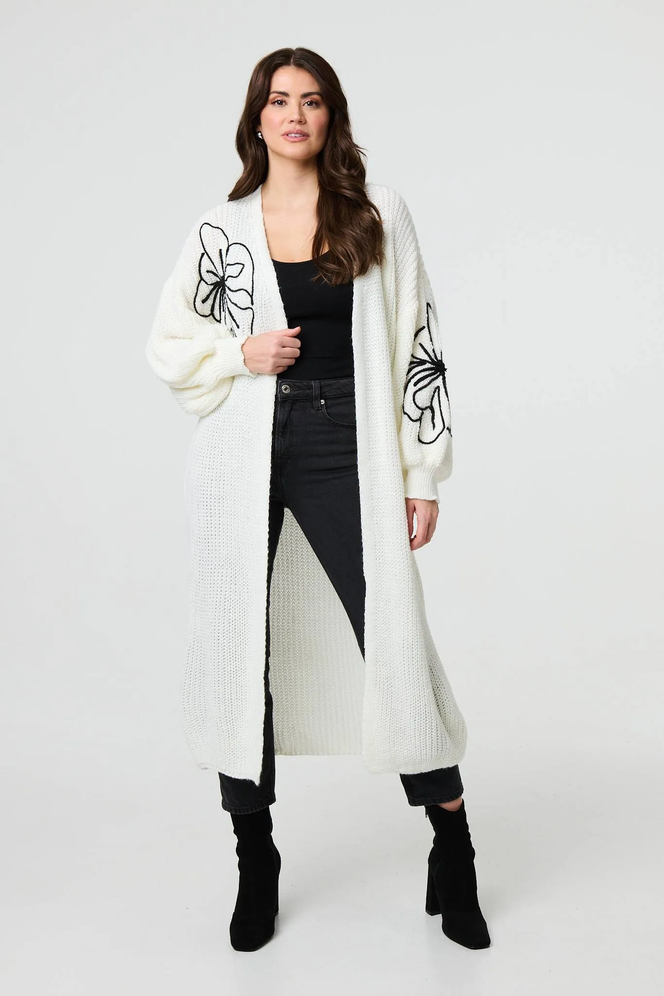 Floral Embroidered Longline Open Cardigan