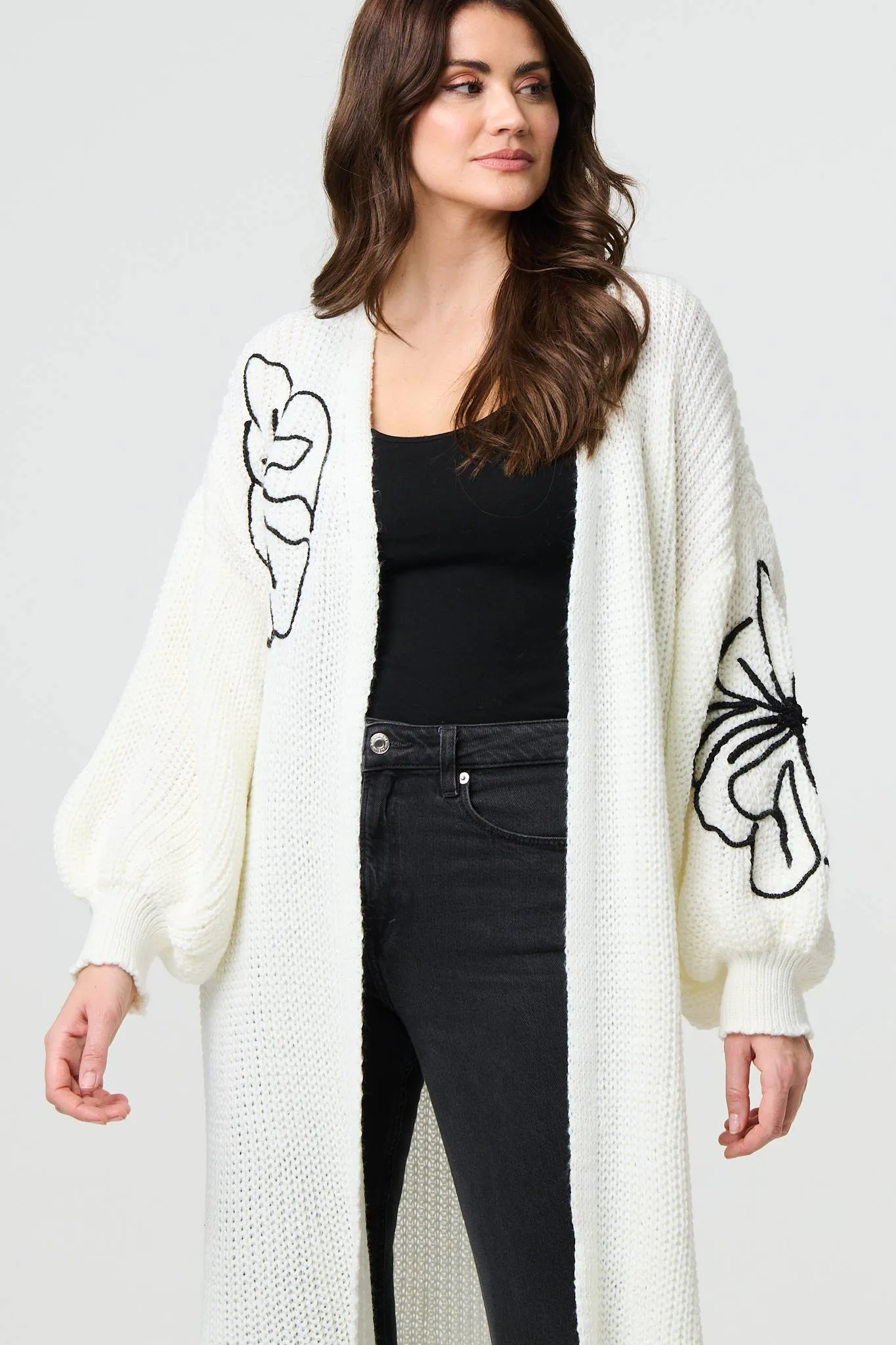 Floral Embroidered Longline Open Cardigan