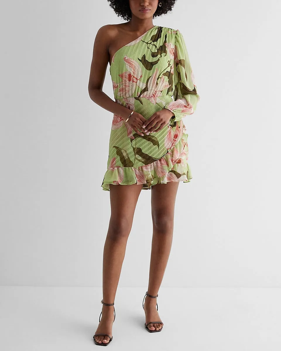 Floral One Shoulder Wrap Front Ruffle Romper in Green Print