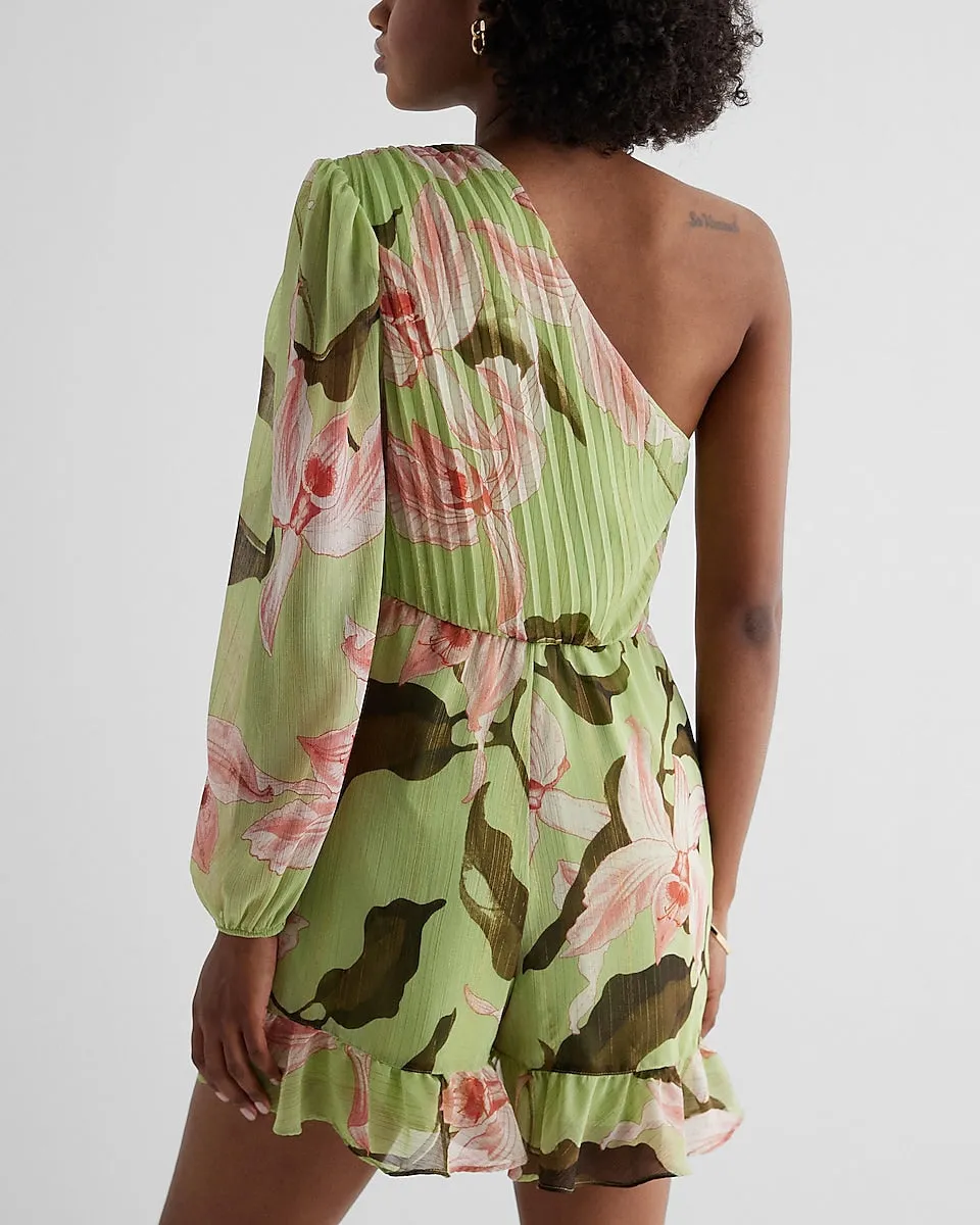 Floral One Shoulder Wrap Front Ruffle Romper in Green Print