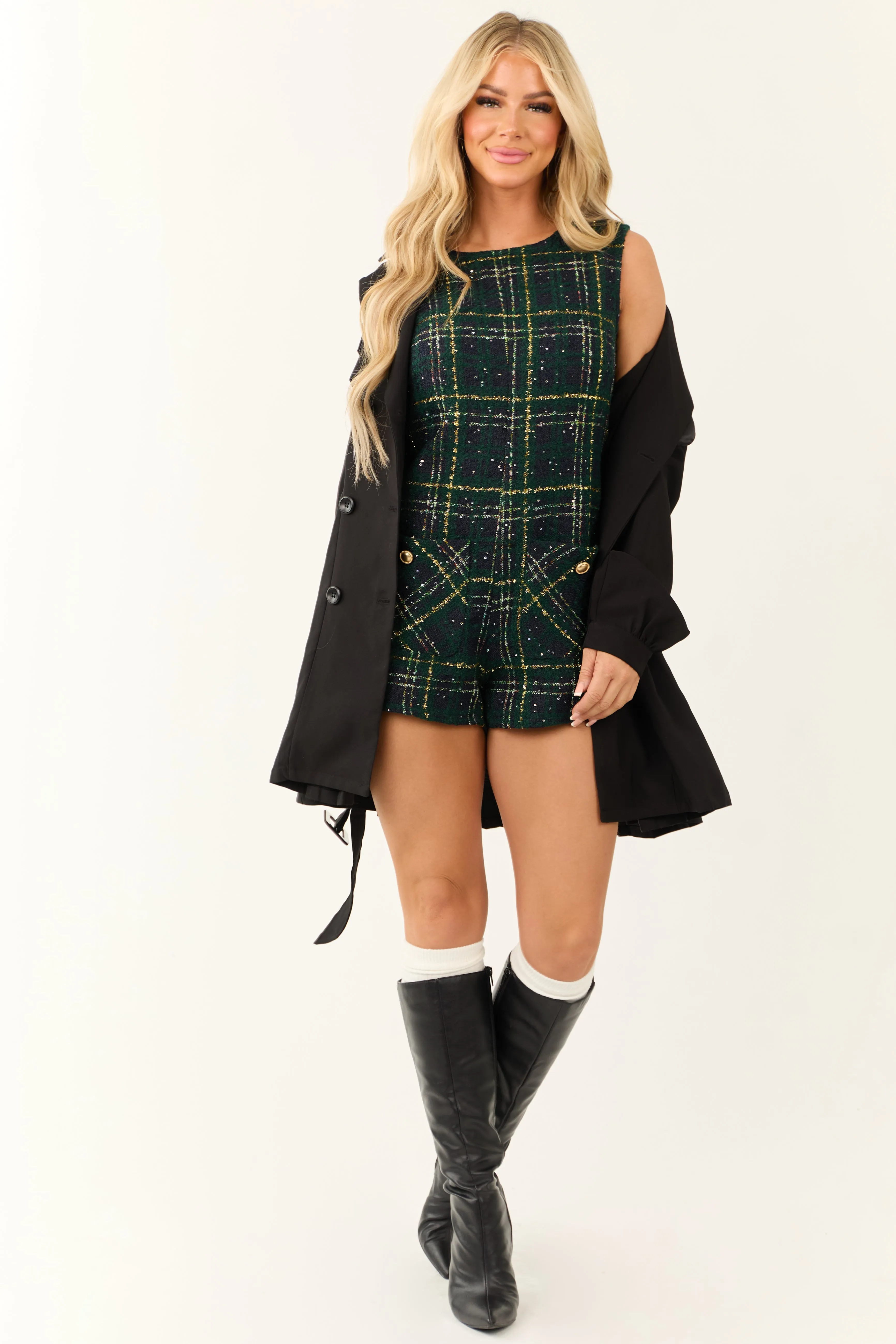 Forest Green Plaid Pocket Detail Tweed Romper