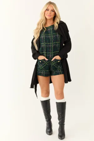 Forest Green Plaid Pocket Detail Tweed Romper