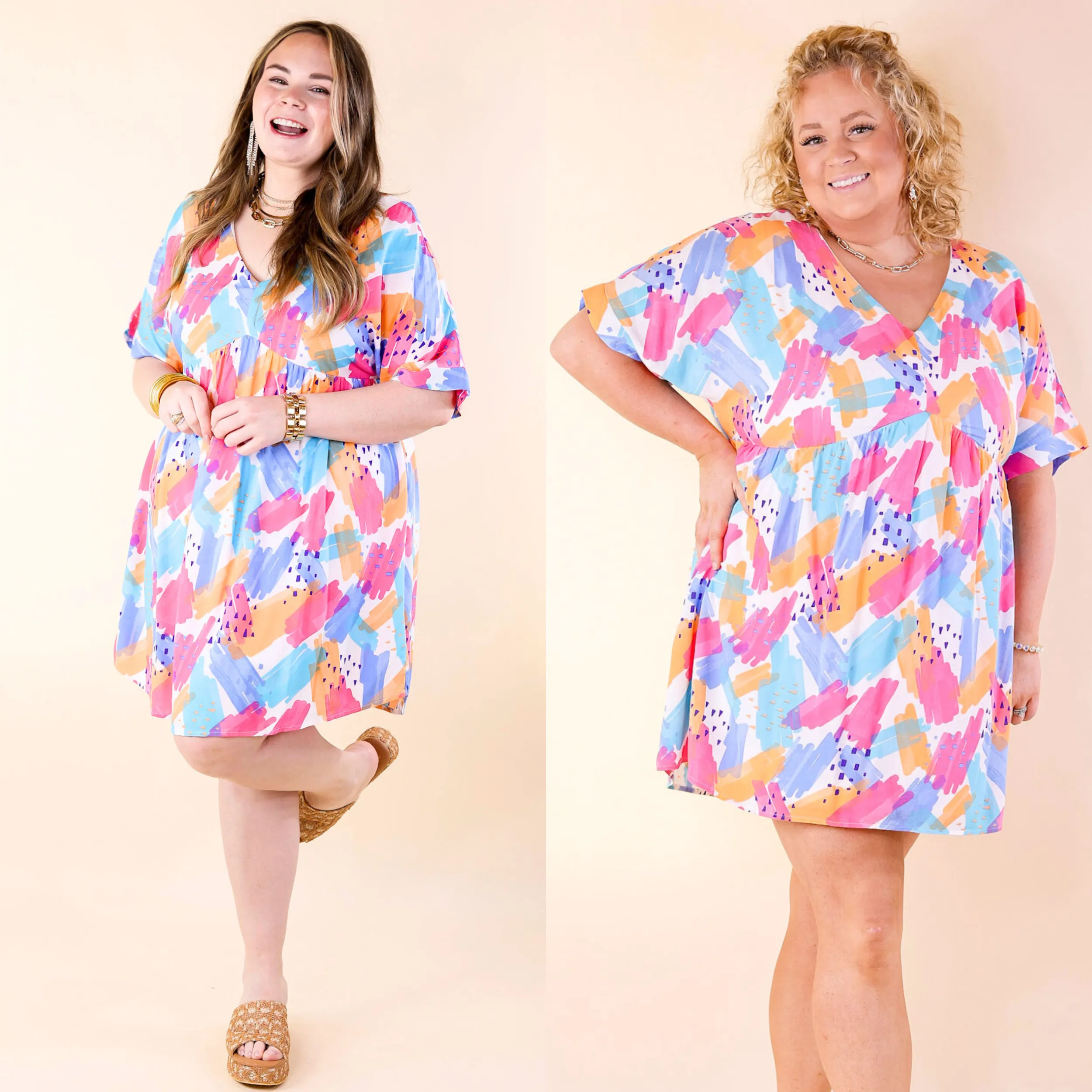 Fresh Blossoms Doodle Print Babydoll Dress with V Neck in Blue Mix