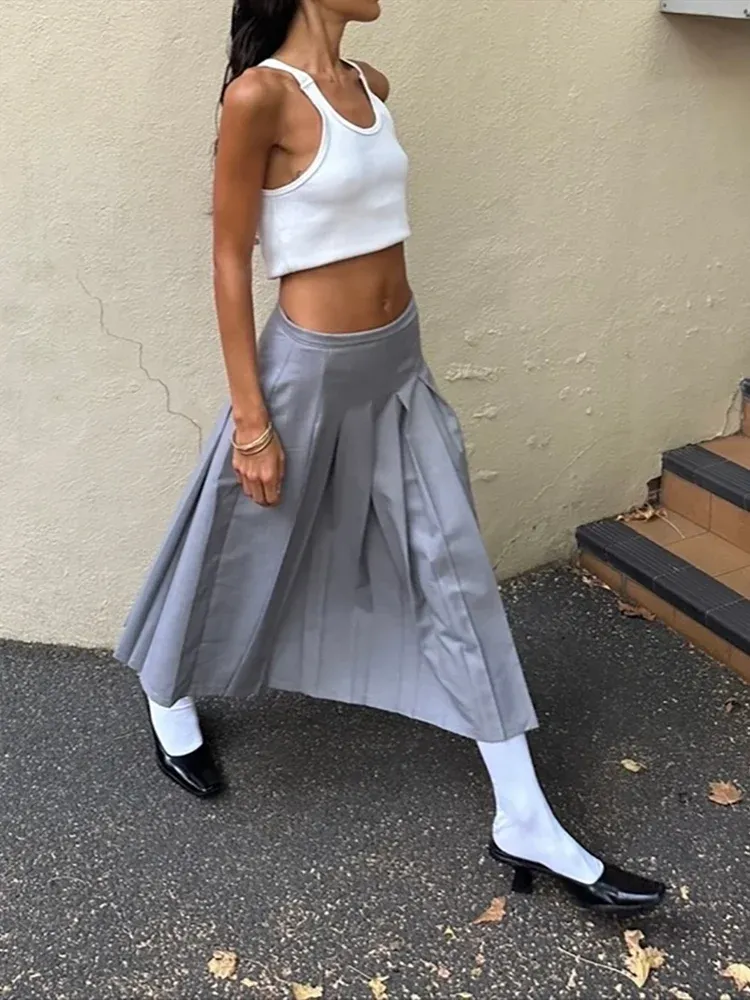 Girlary A-Line Pleated Split Midi Skirt Women Dress Mid-rise Schoolgirl Mid-length Skirt American Casual Hottie Outfit Streetwear