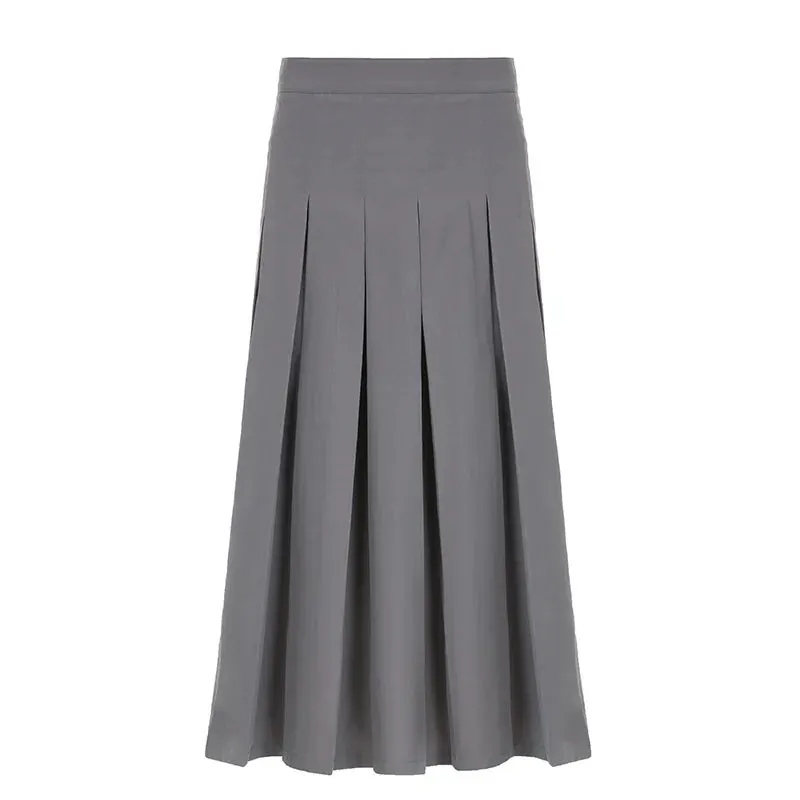 Girlary A-Line Pleated Split Midi Skirt Women Dress Mid-rise Schoolgirl Mid-length Skirt American Casual Hottie Outfit Streetwear