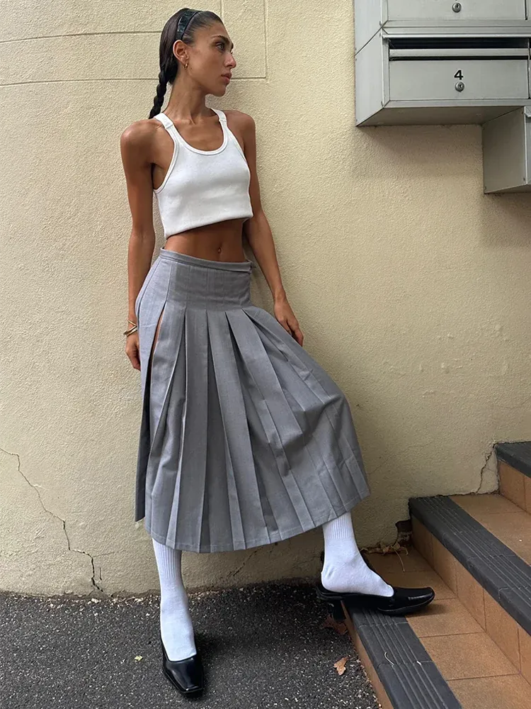 Girlary A-Line Pleated Split Midi Skirt Women Dress Mid-rise Schoolgirl Mid-length Skirt American Casual Hottie Outfit Streetwear