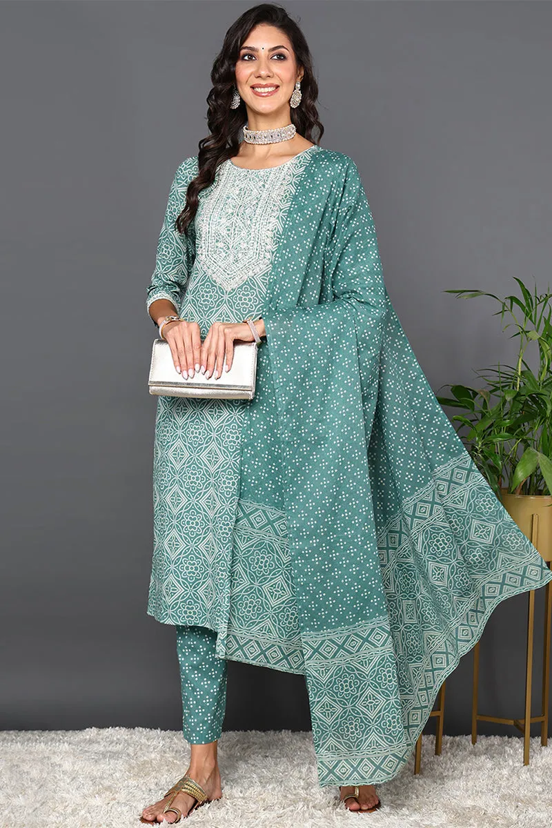 Green Pure Cotton Bandhani Printed Straight Suit Set