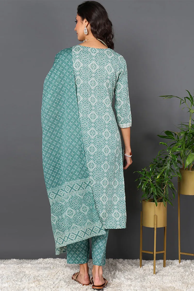 Green Pure Cotton Bandhani Printed Straight Suit Set