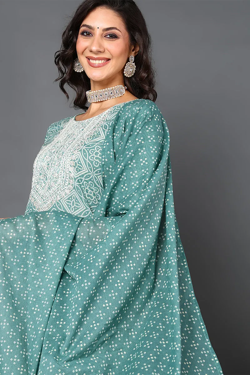 Green Pure Cotton Bandhani Printed Straight Suit Set