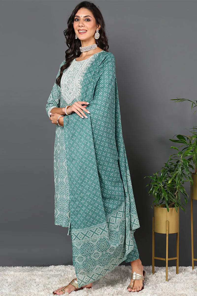 Green Pure Cotton Bandhani Printed Straight Suit Set