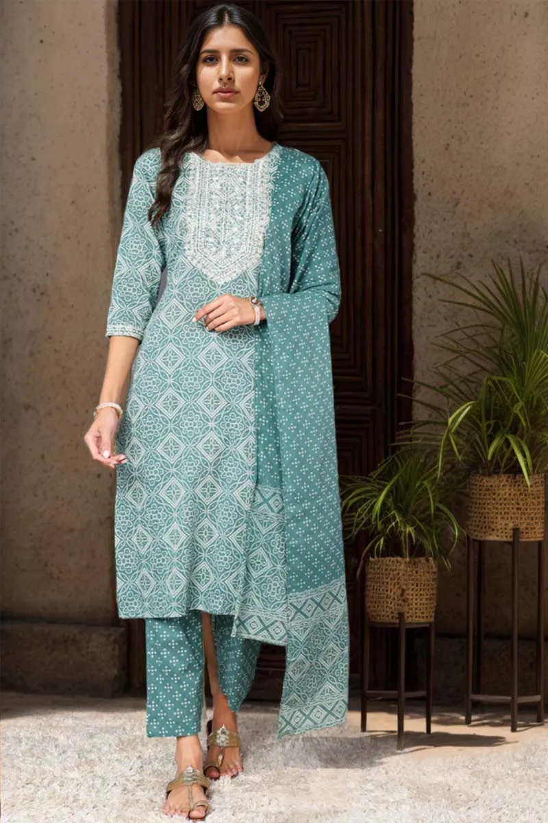 Green Pure Cotton Bandhani Printed Straight Suit Set