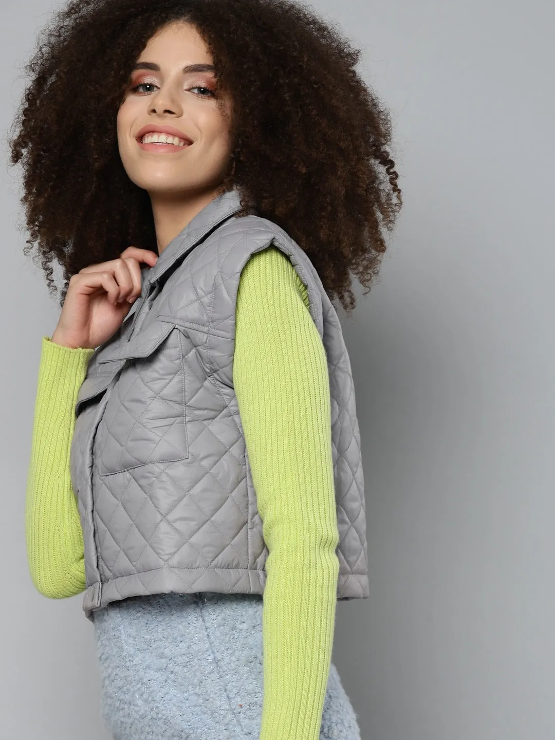 Grey Sleeveless Quilted Crop Jacket