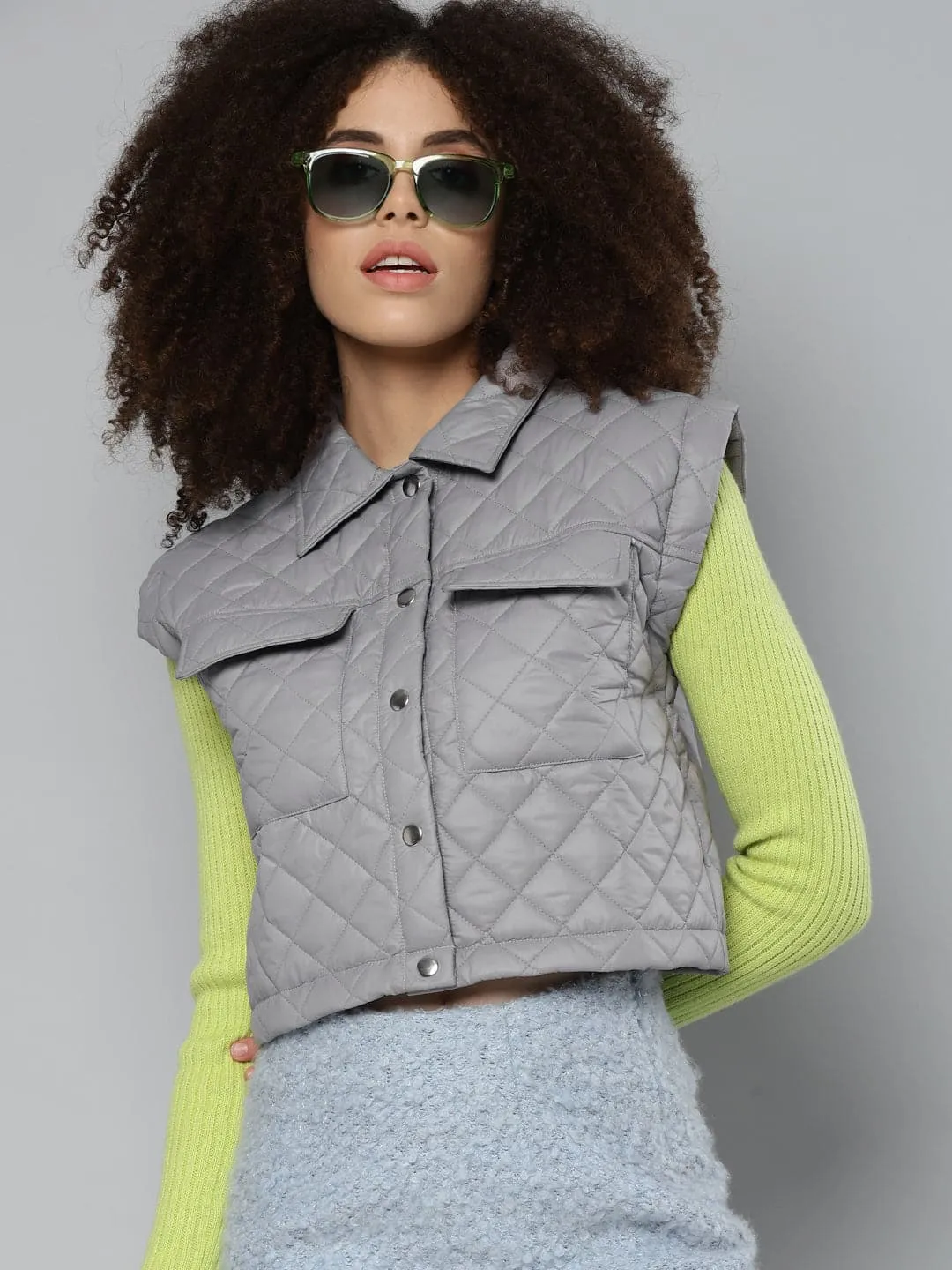 Grey Sleeveless Quilted Crop Jacket