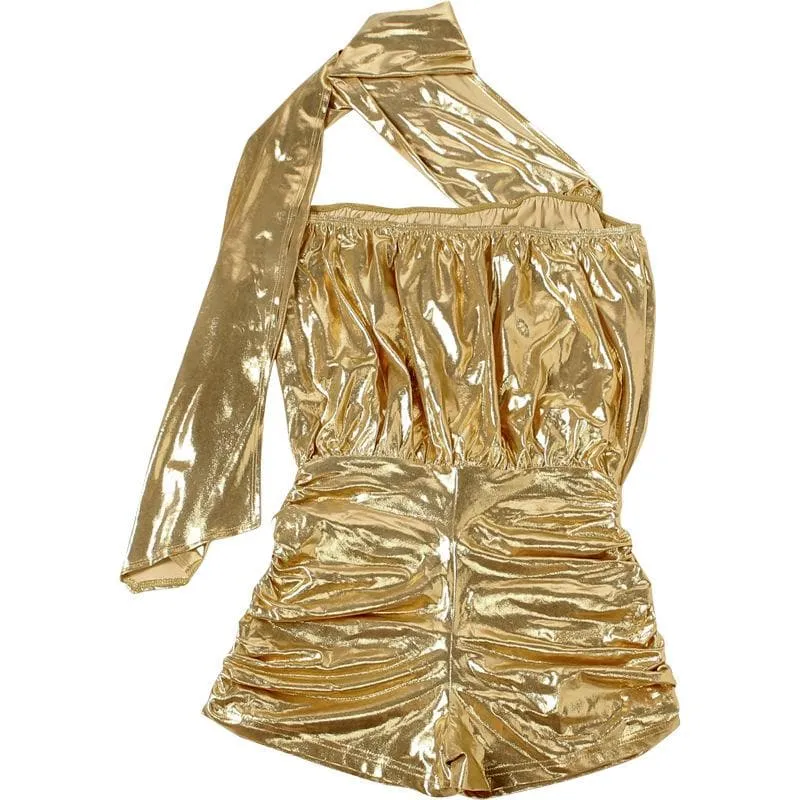 Halter ruched metallic backless romper