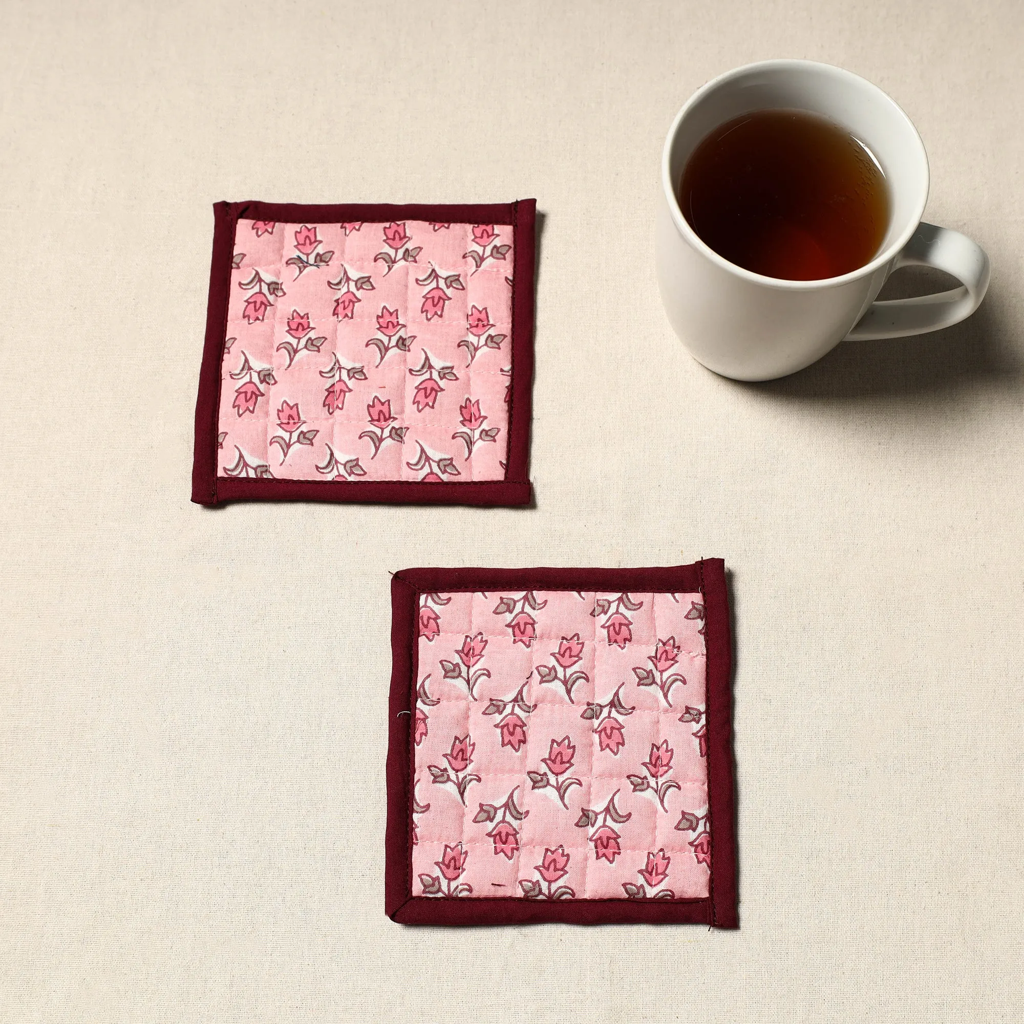 Handcrafted Sanganeri Floral Print Coaster (Set of 2) 03