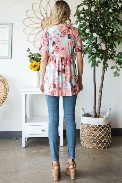 Heimish Floral V-Neck Short Sleeve Babydoll Blouse