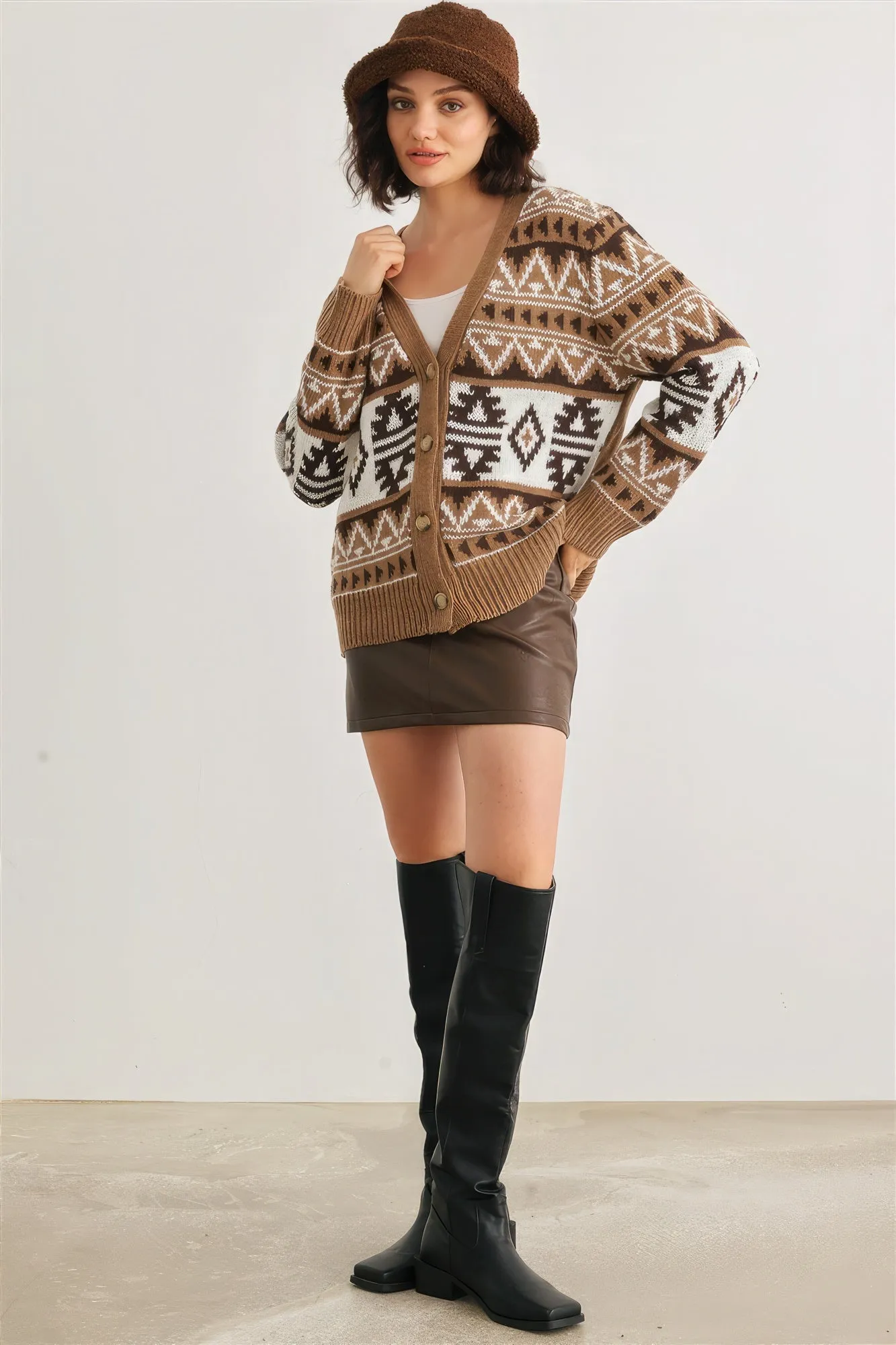 Hot Girl Fair Isle Knit Button-Up Long Sleeve Cardigan Sweater In Mocha