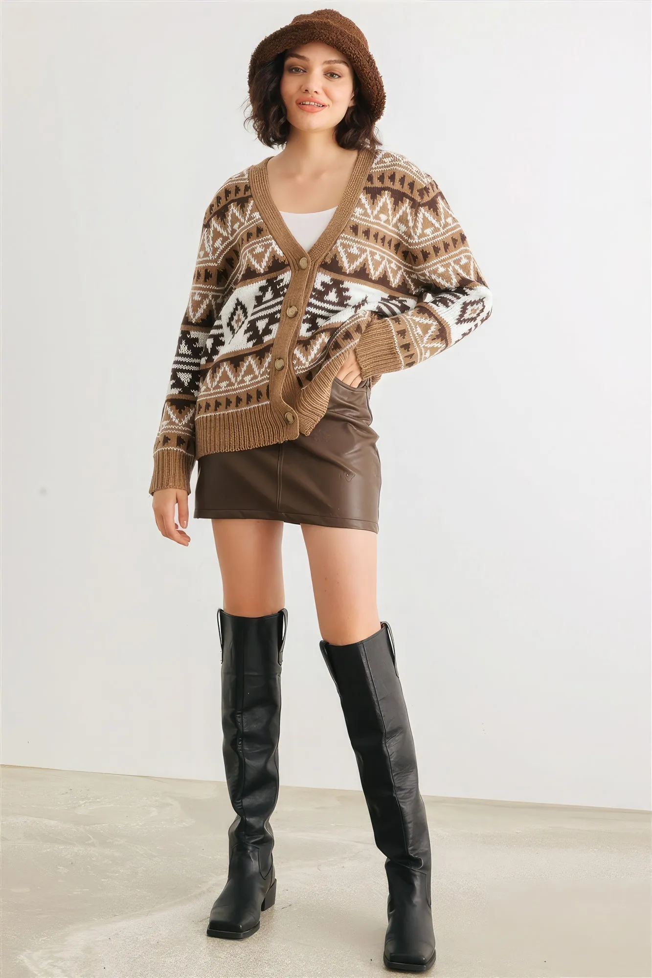 Hot Girl Fair Isle Knit Button-Up Long Sleeve Cardigan Sweater In Mocha