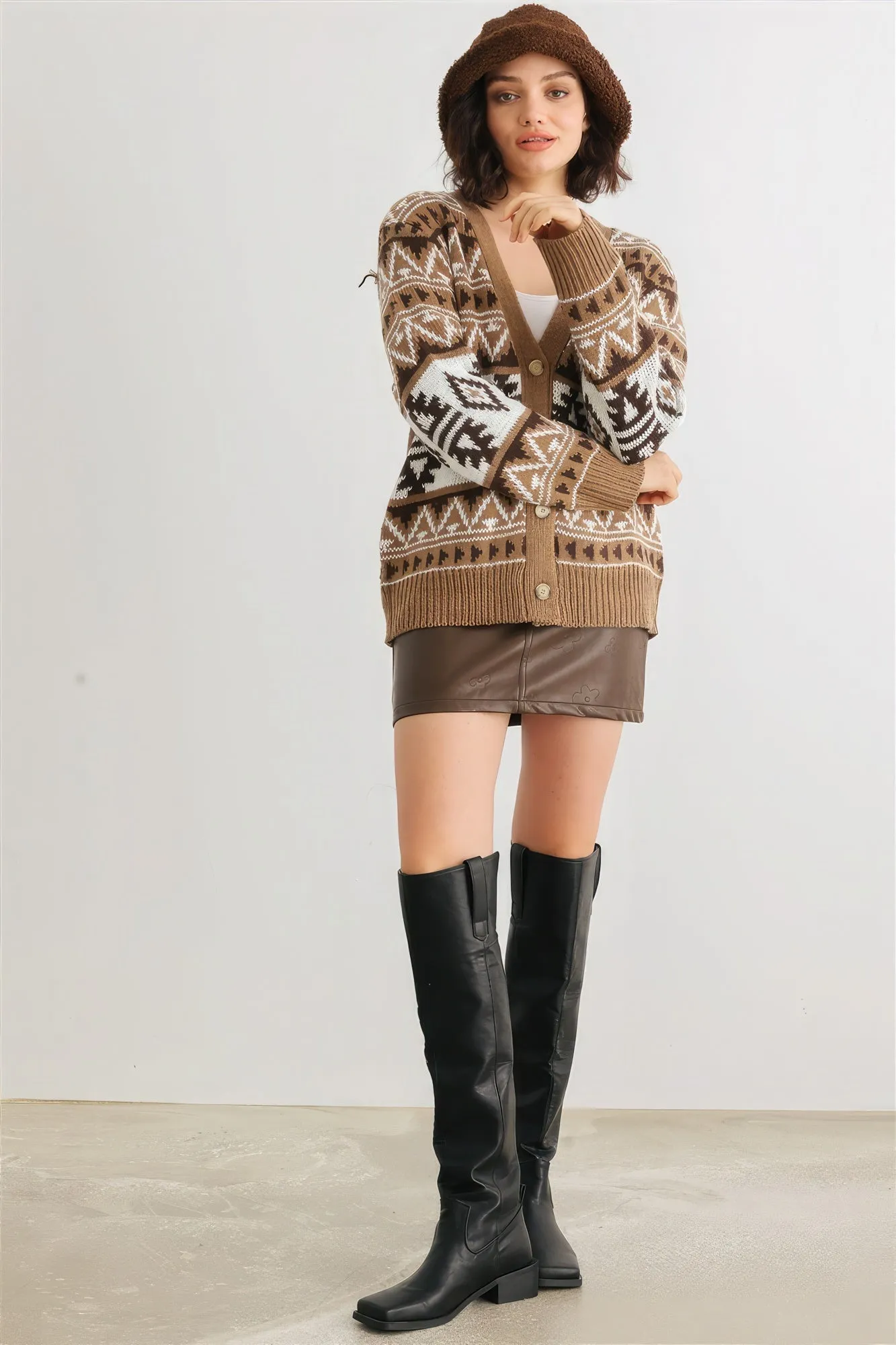 Hot Girl Fair Isle Knit Button-Up Long Sleeve Cardigan Sweater In Mocha