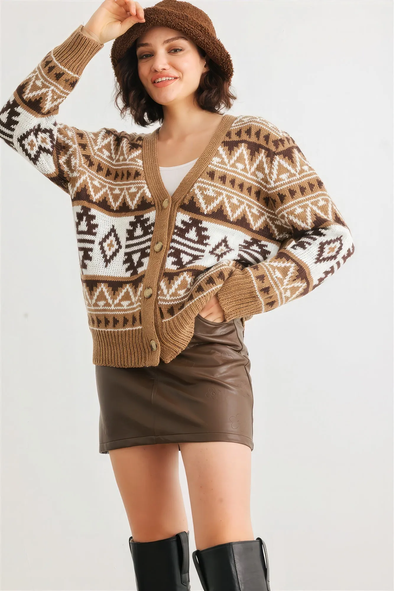 Hot Girl Fair Isle Knit Button-Up Long Sleeve Cardigan Sweater In Mocha