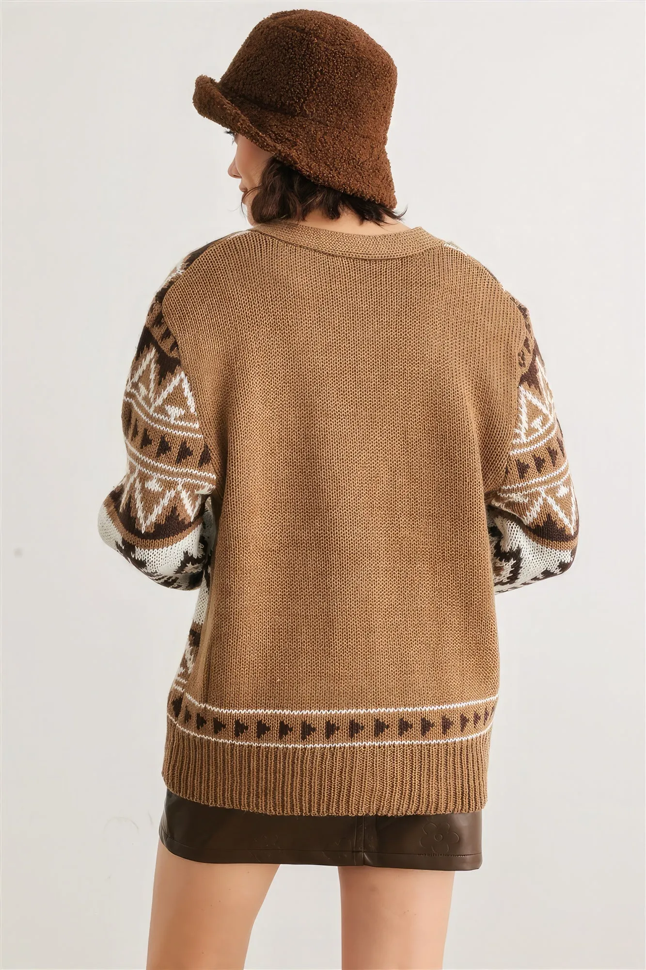 Hot Girl Fair Isle Knit Button-Up Long Sleeve Cardigan Sweater In Mocha