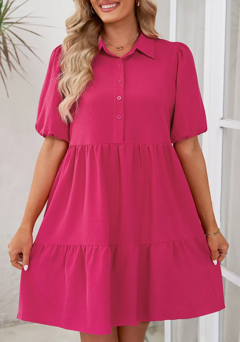 Hot Pink Flowy Dresses for Women Babydoll Shirt Dress Business Casual Work Modest Puff Sleeve Short Dress