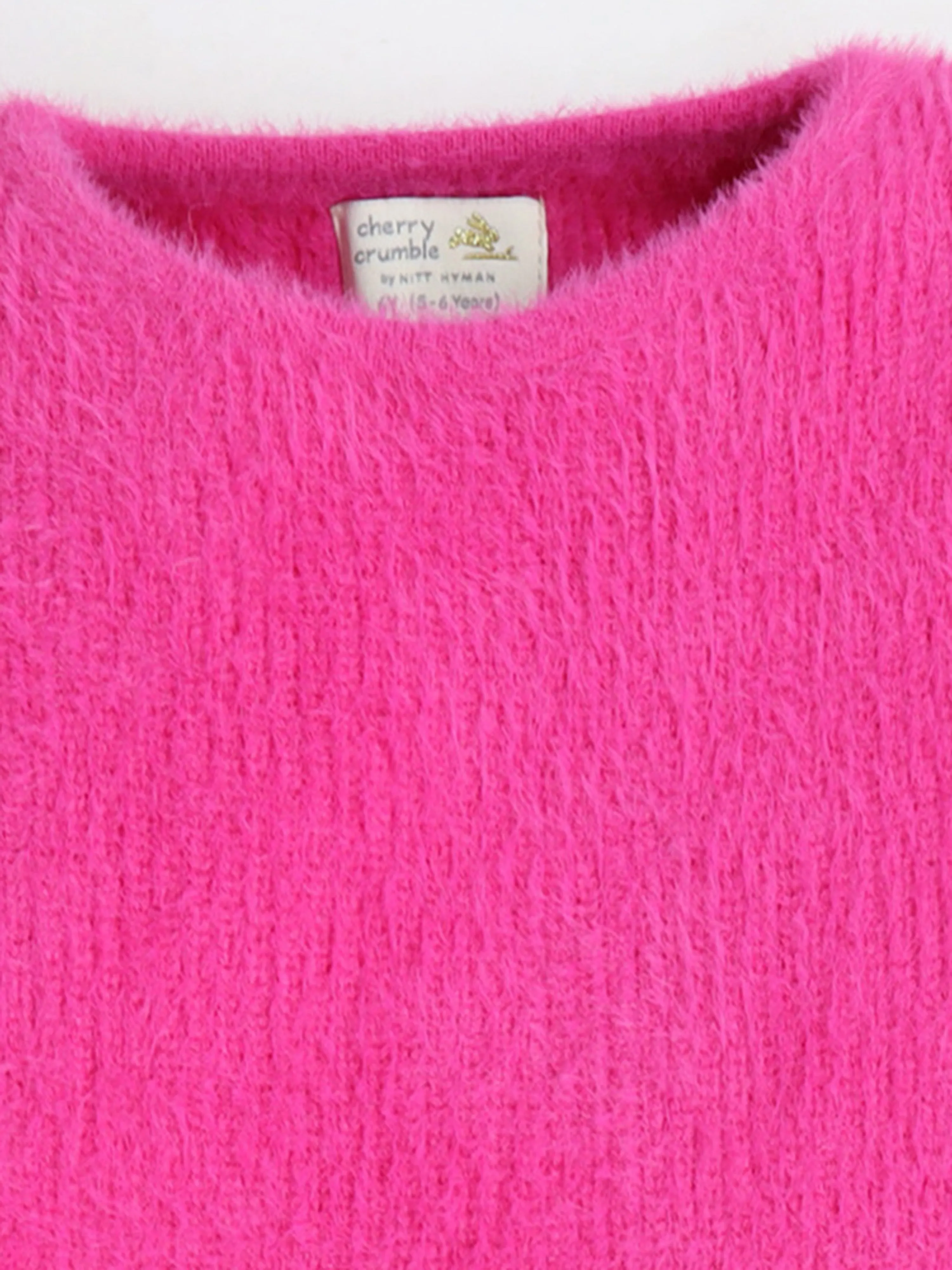 Hot Pink Puff Full Sleeve Warm Furry Solid Round Neck Sweater For Girls