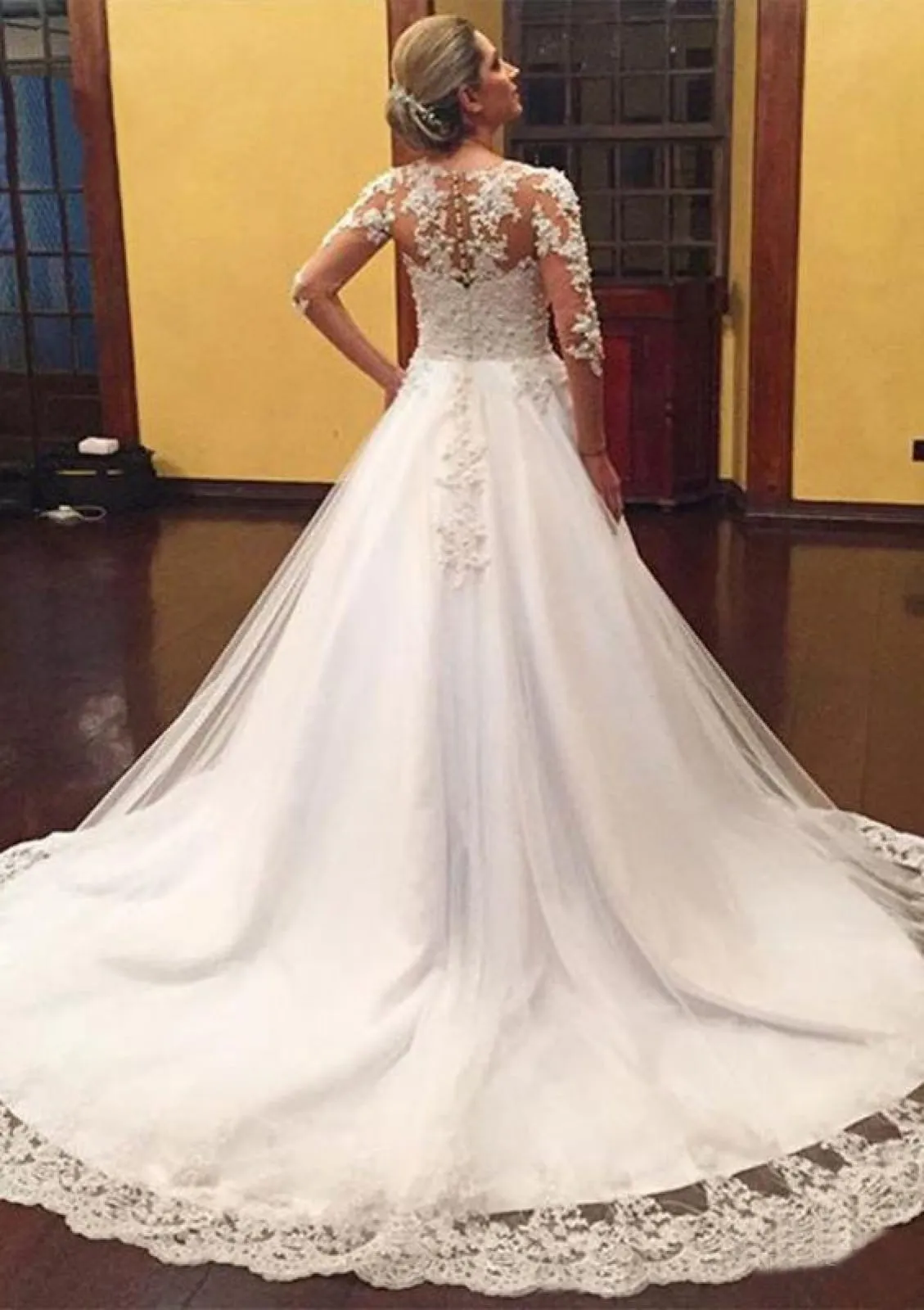 Illusion Sleeve Beaded Chapel A-line Lace Tulle Wedding Dress