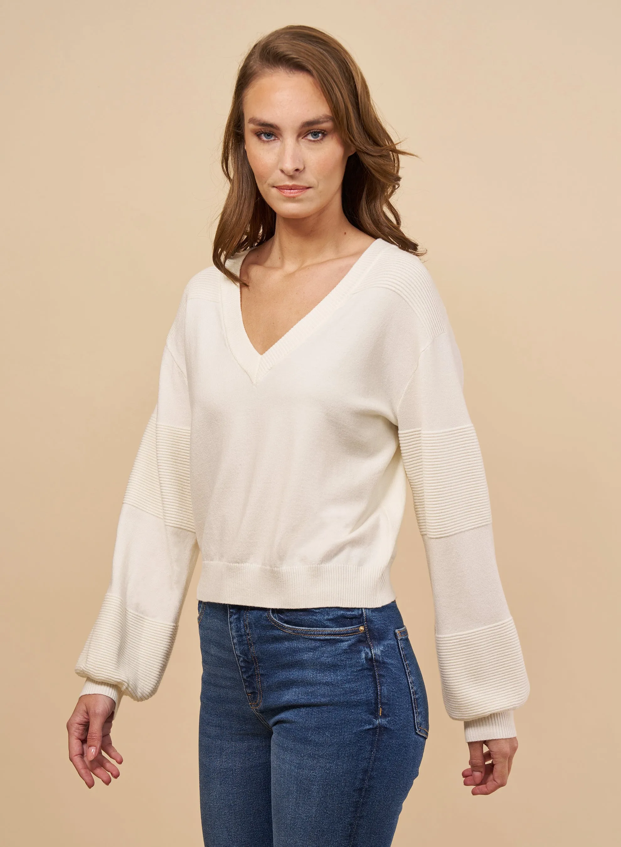 Ivory V Neck Sweater by Red Haute