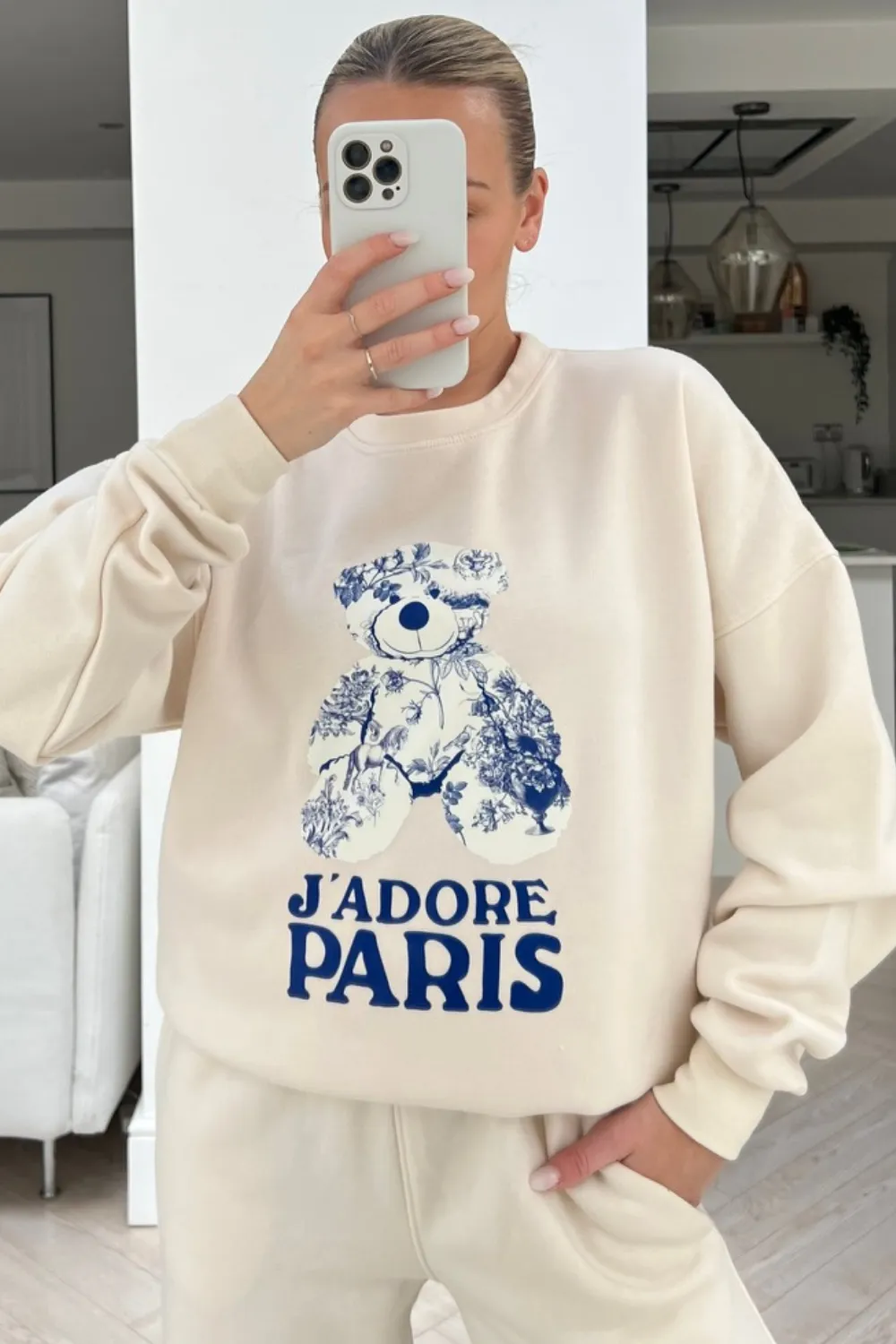 Jadore Paris blue floral teddy printed ecru sweater