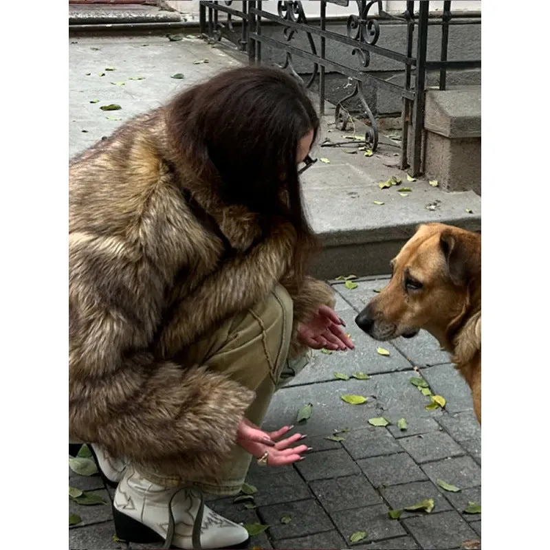 Joskaa cold weather outfits 2024 Autumn and Winter Short Faux Fur Coat Fashion Street Trend Loose