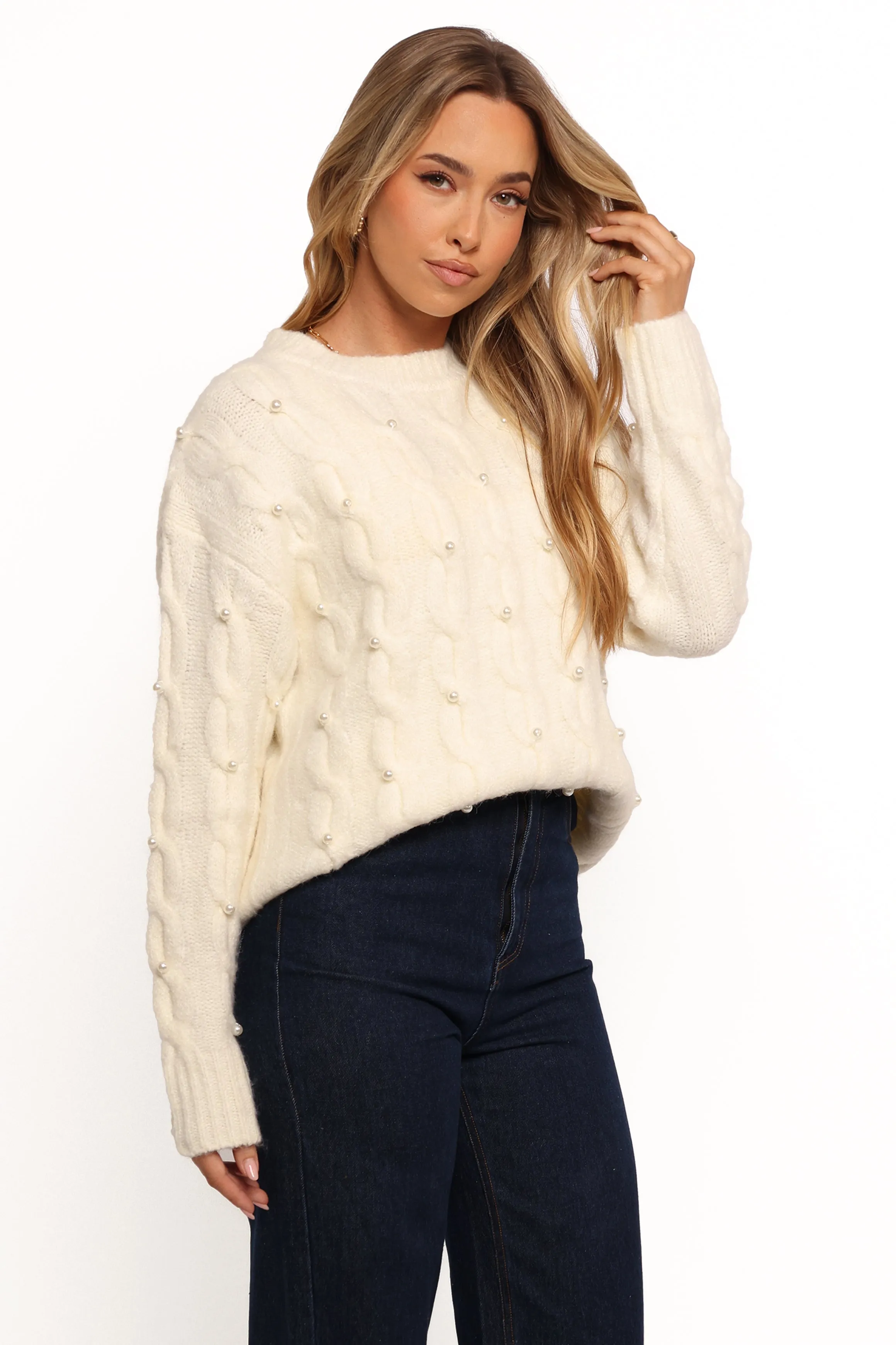 Kalai Cable Knit Pearl Detail Knit Sweater - Cream