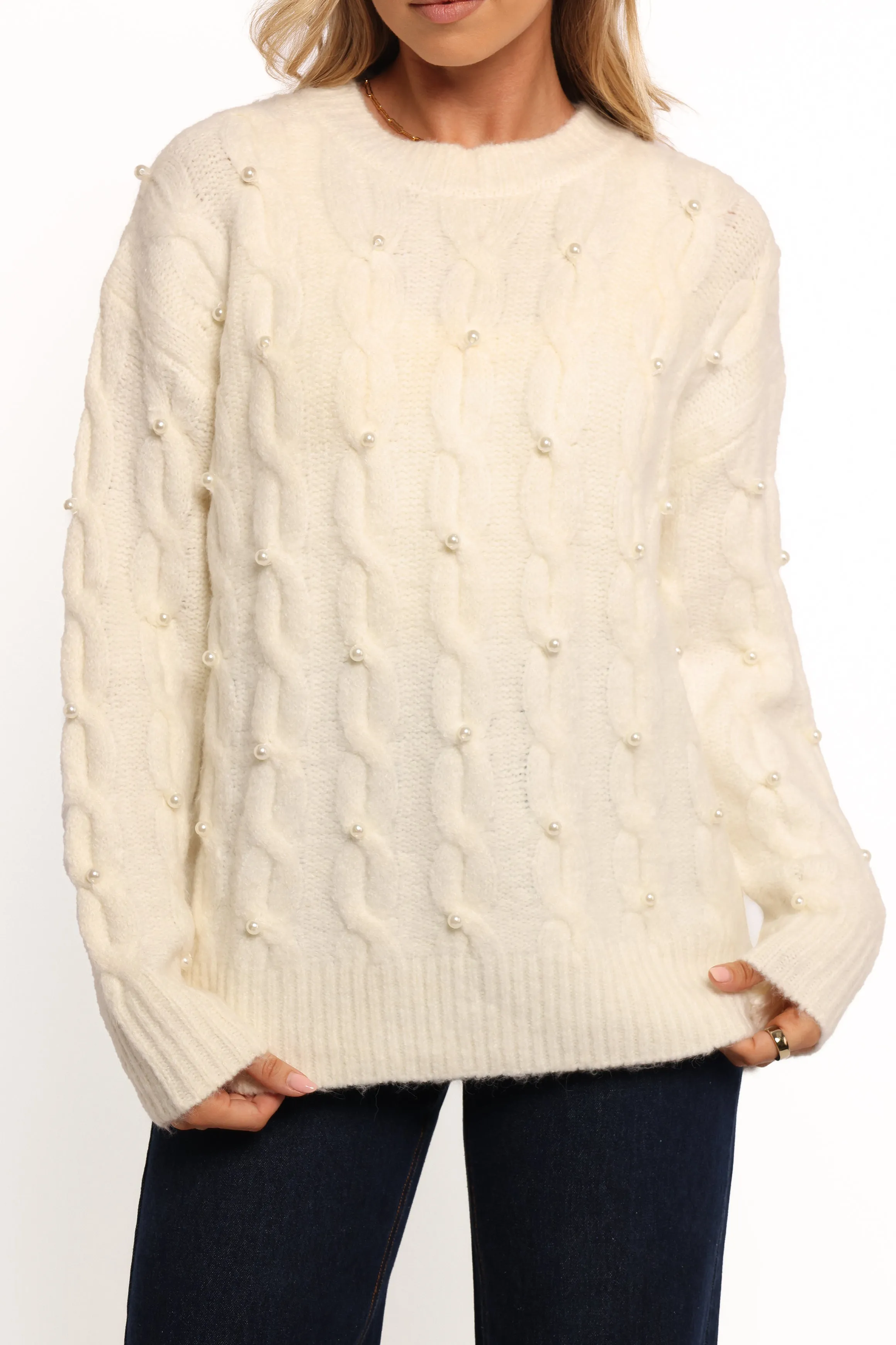 Kalai Cable Knit Pearl Detail Knit Sweater - Cream