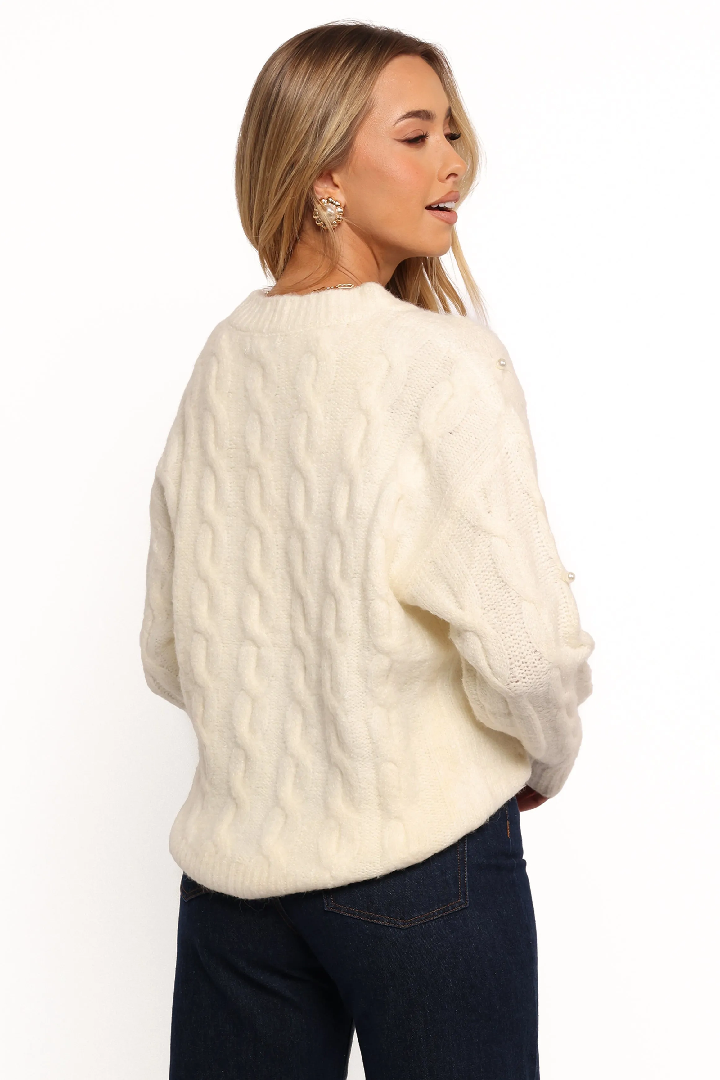 Kalai Cable Knit Pearl Detail Knit Sweater - Cream