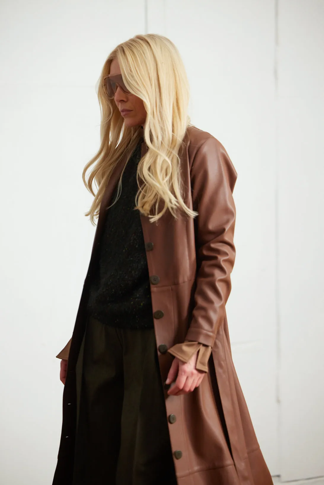 Long Button-Up Eco-Leather Trench - Brown