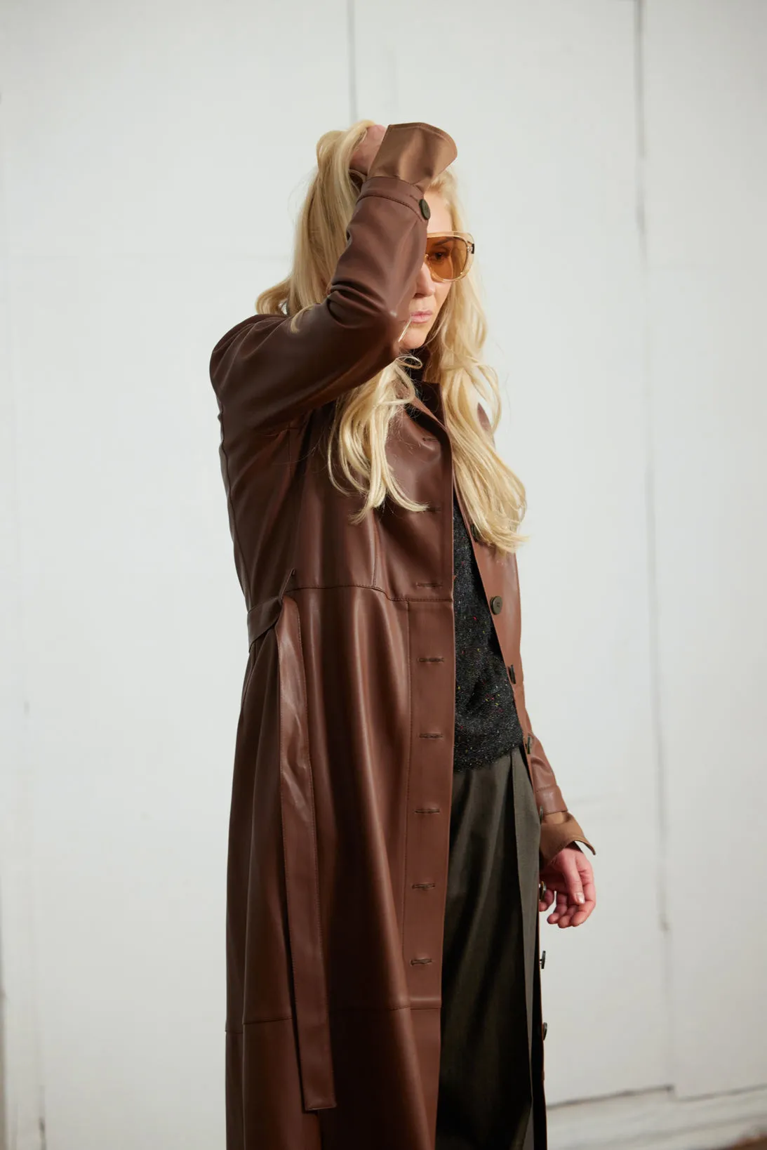 Long Button-Up Eco-Leather Trench - Brown