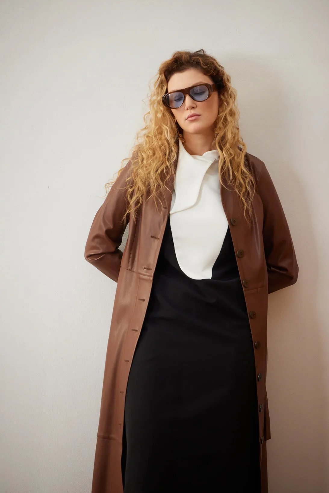 Long Button-Up Eco-Leather Trench - Brown