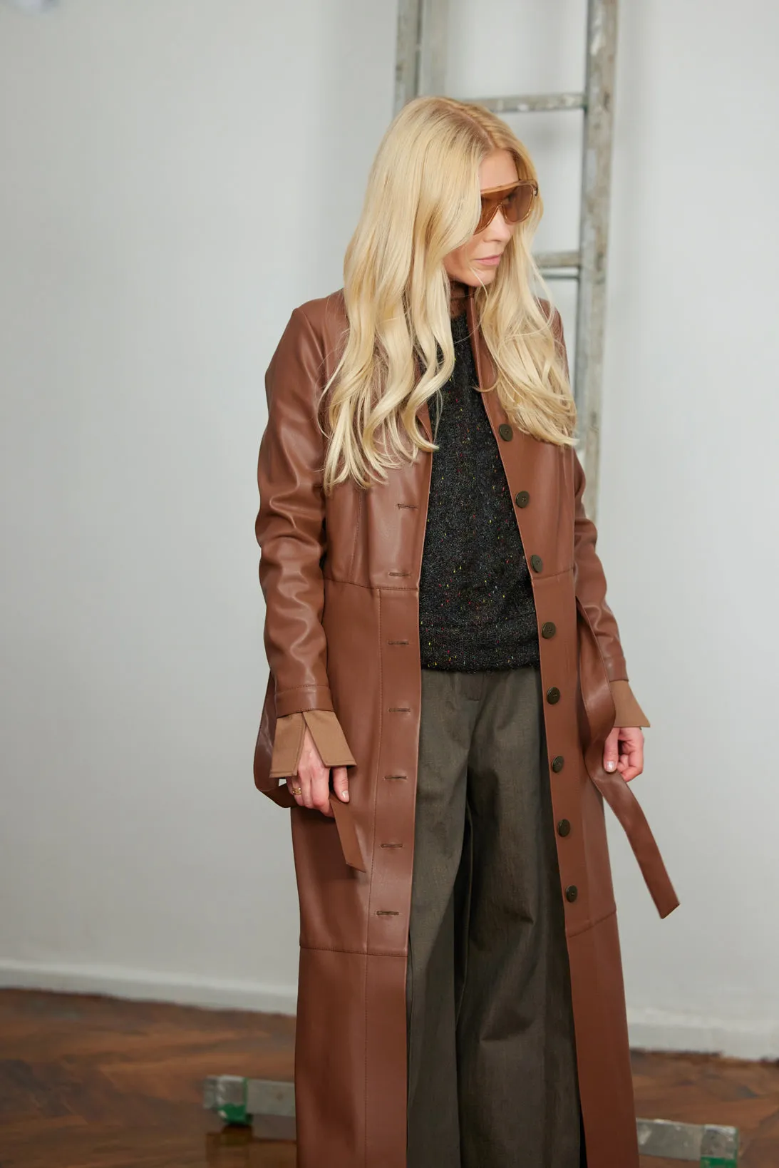 Long Button-Up Eco-Leather Trench - Brown