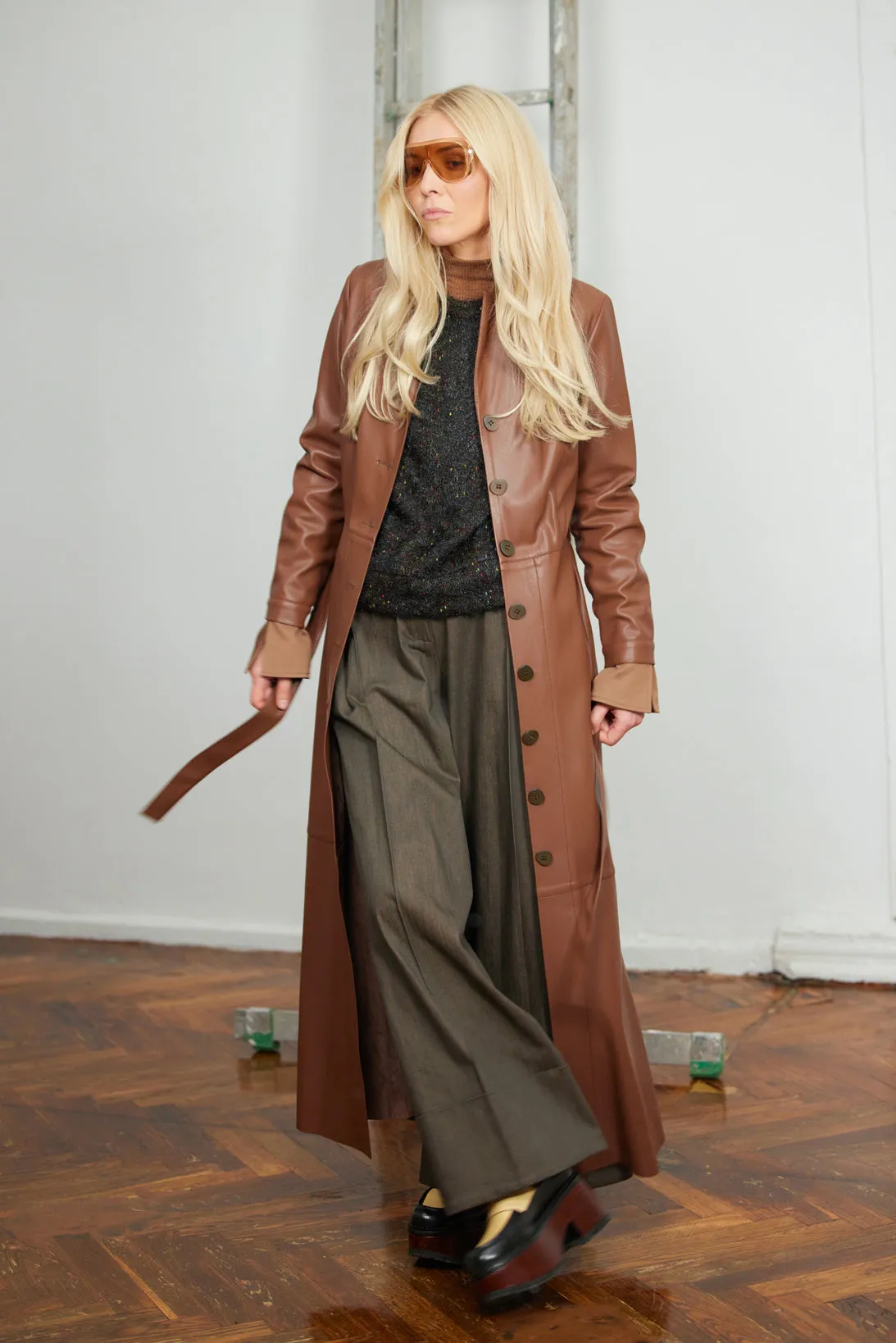 Long Button-Up Eco-Leather Trench - Brown