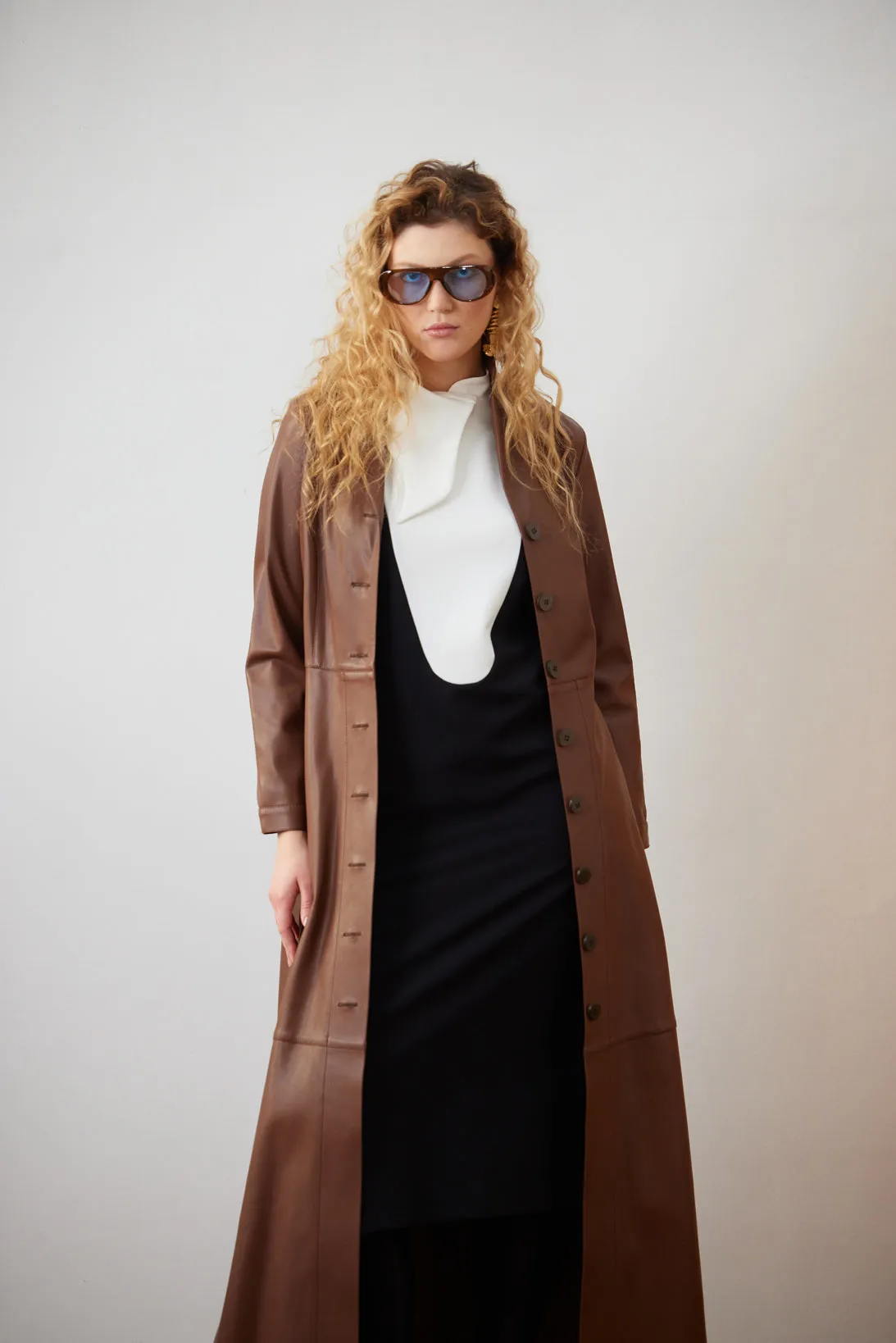 Long Button-Up Eco-Leather Trench - Brown