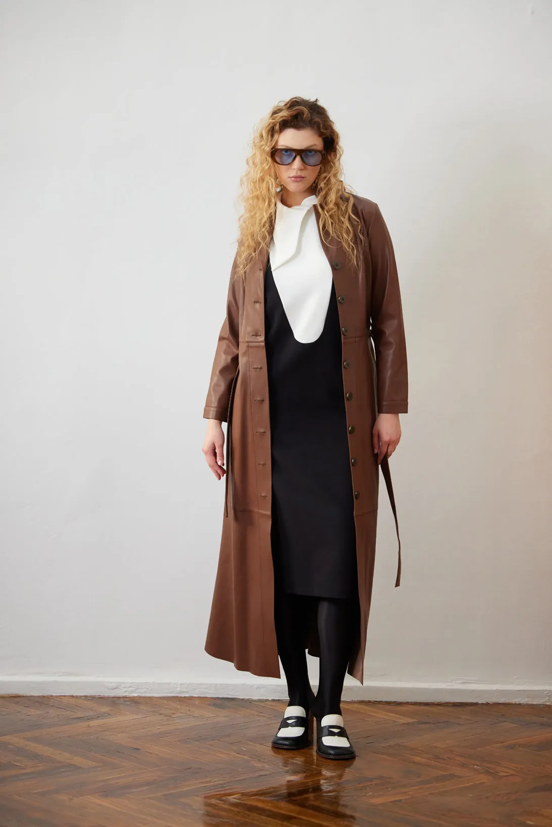 Long Button-Up Eco-Leather Trench - Brown