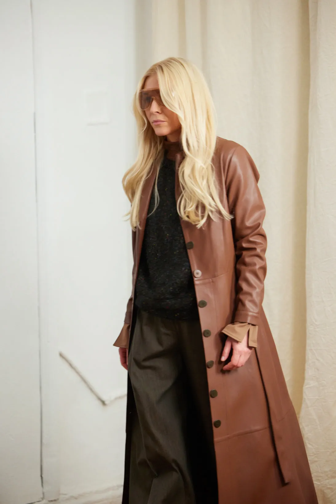 Long Button-Up Eco-Leather Trench - Brown