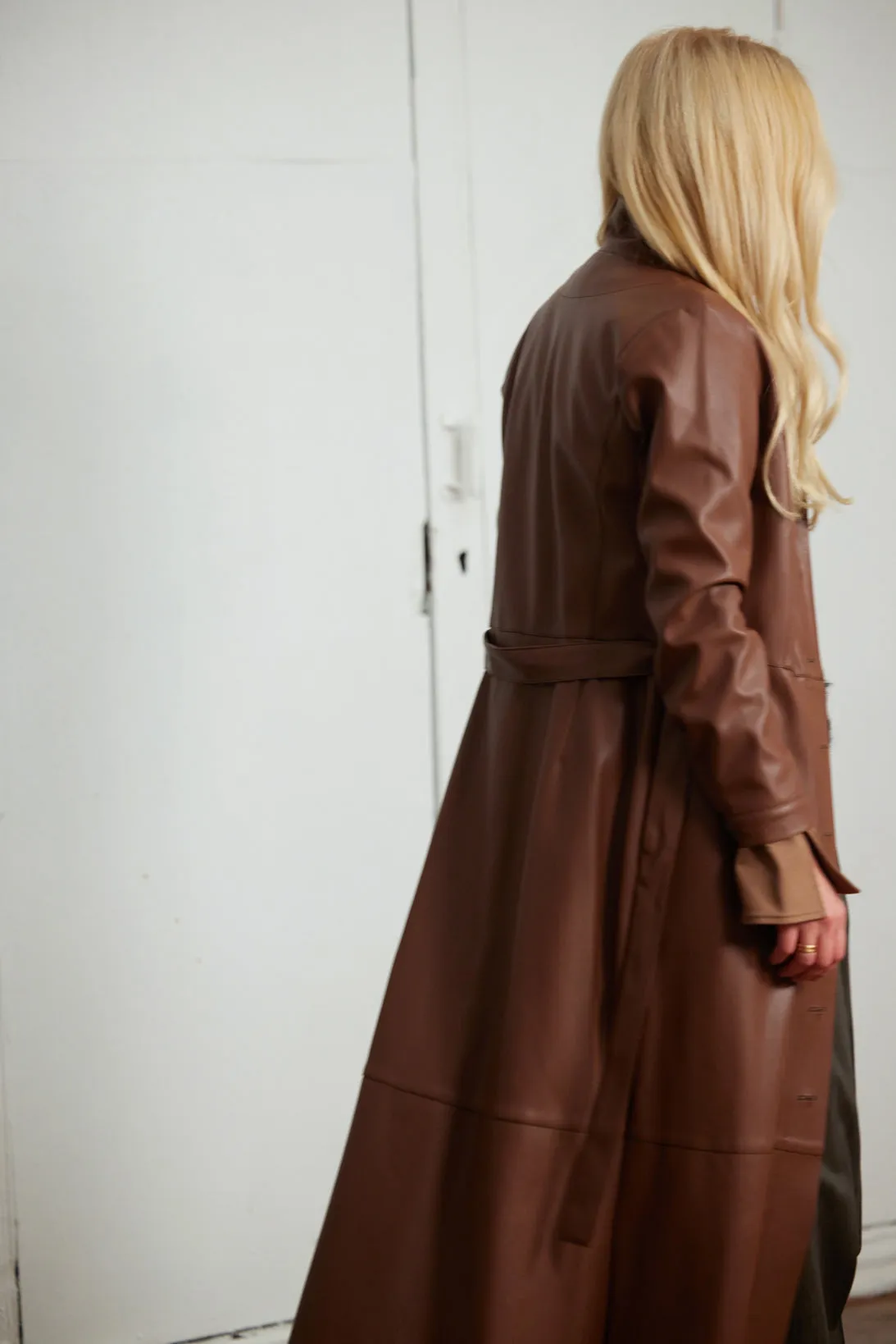 Long Button-Up Eco-Leather Trench - Brown