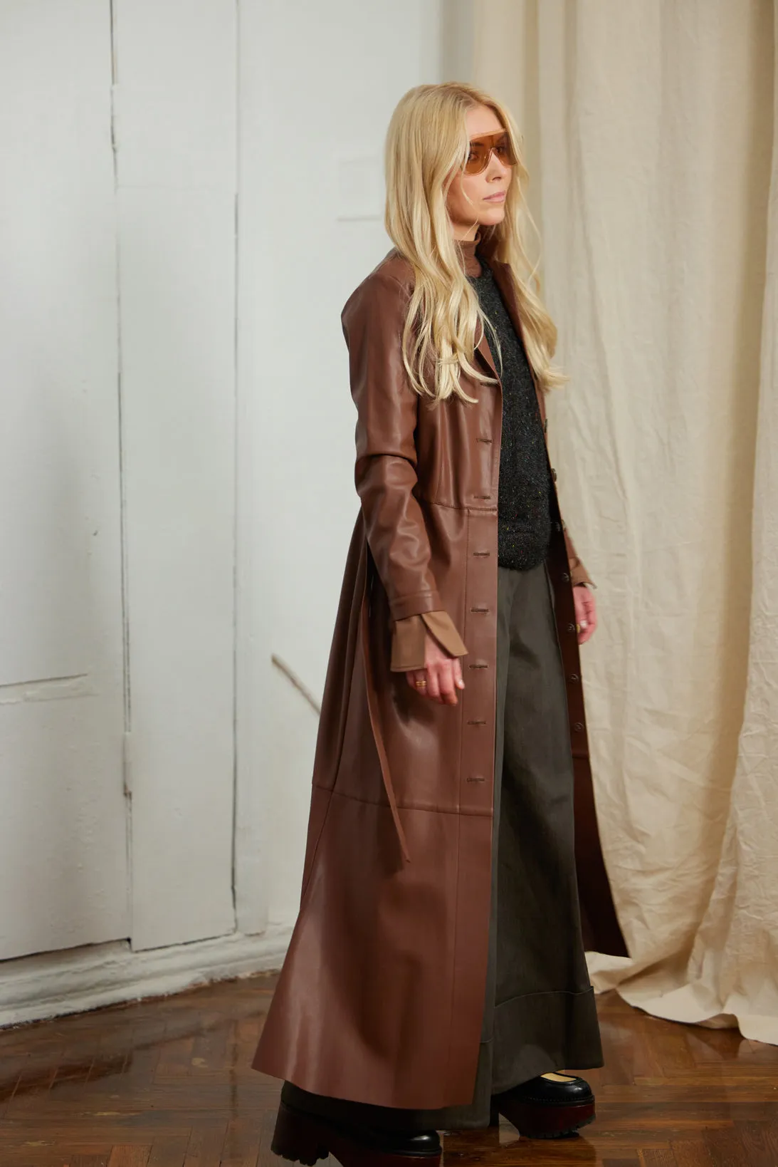 Long Button-Up Eco-Leather Trench - Brown