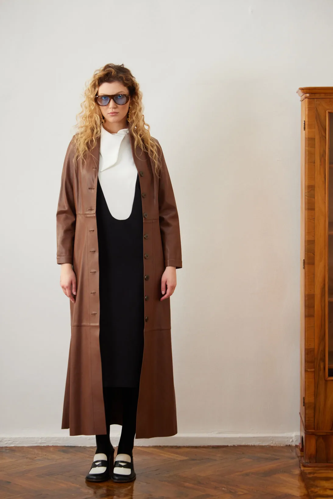 Long Button-Up Eco-Leather Trench - Brown